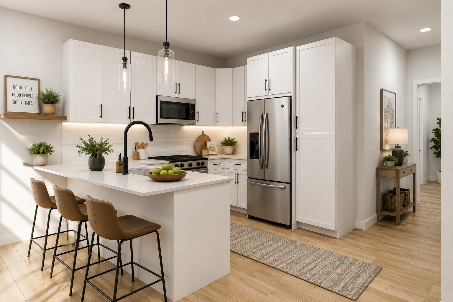 Modern kitchen with nice cabinets, high-end stainless steel appliances, and a kitchen island.