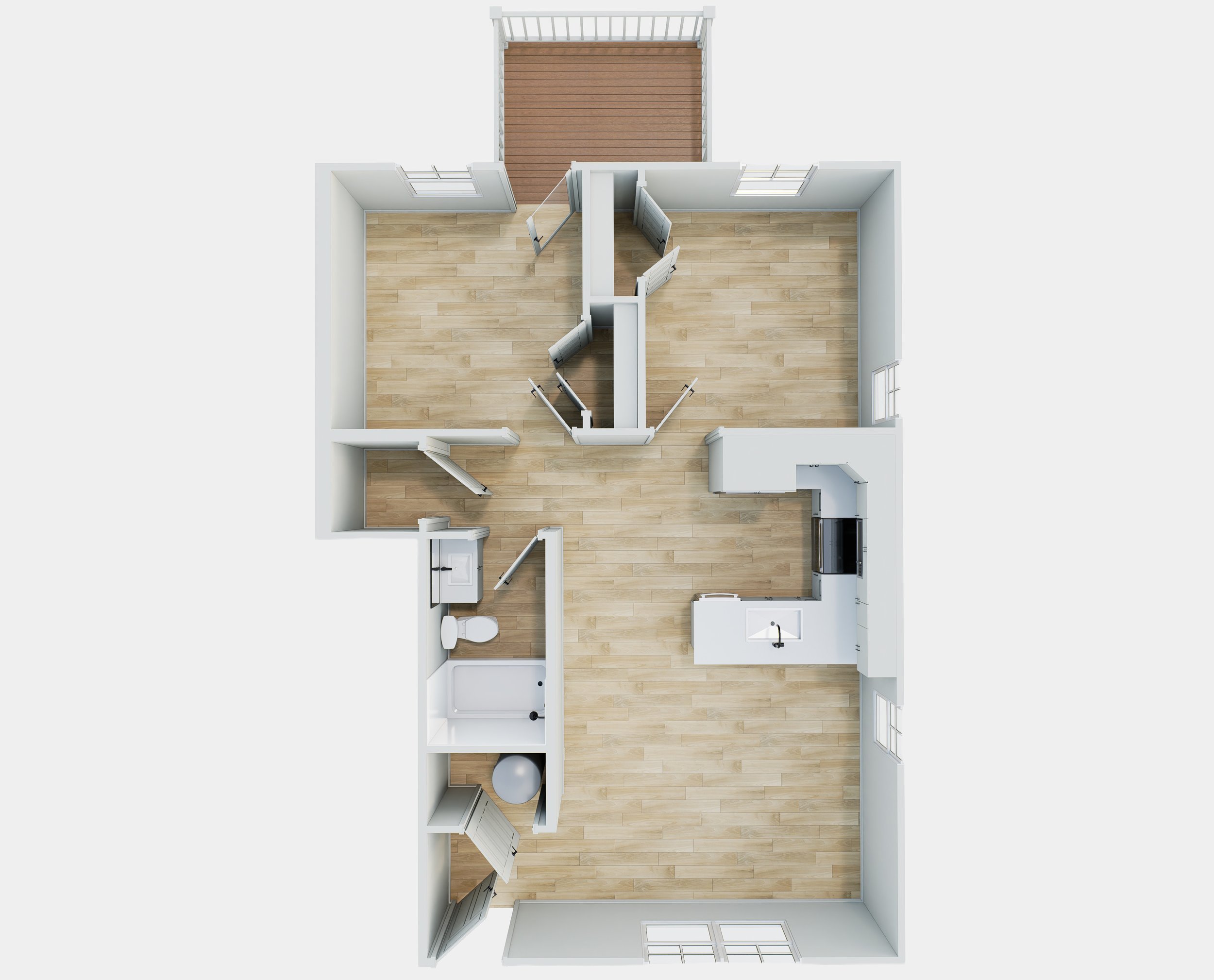 A 3D floor plan of an apartment showing the layout with a main living area, a bedroom, a kitchen, a bathroom with a bathtub, and a small balcony outside.