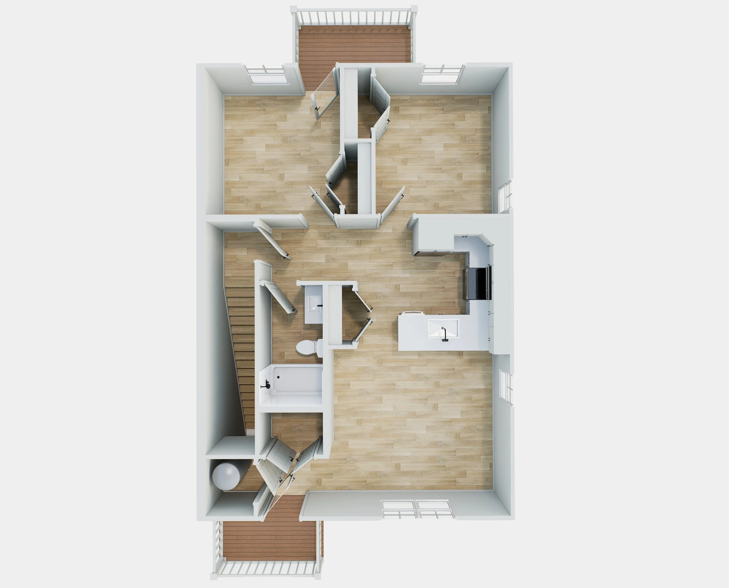 Top-down view of a floor plan showing a living room, kitchen, bathroom, and two small outdoor balconies.
