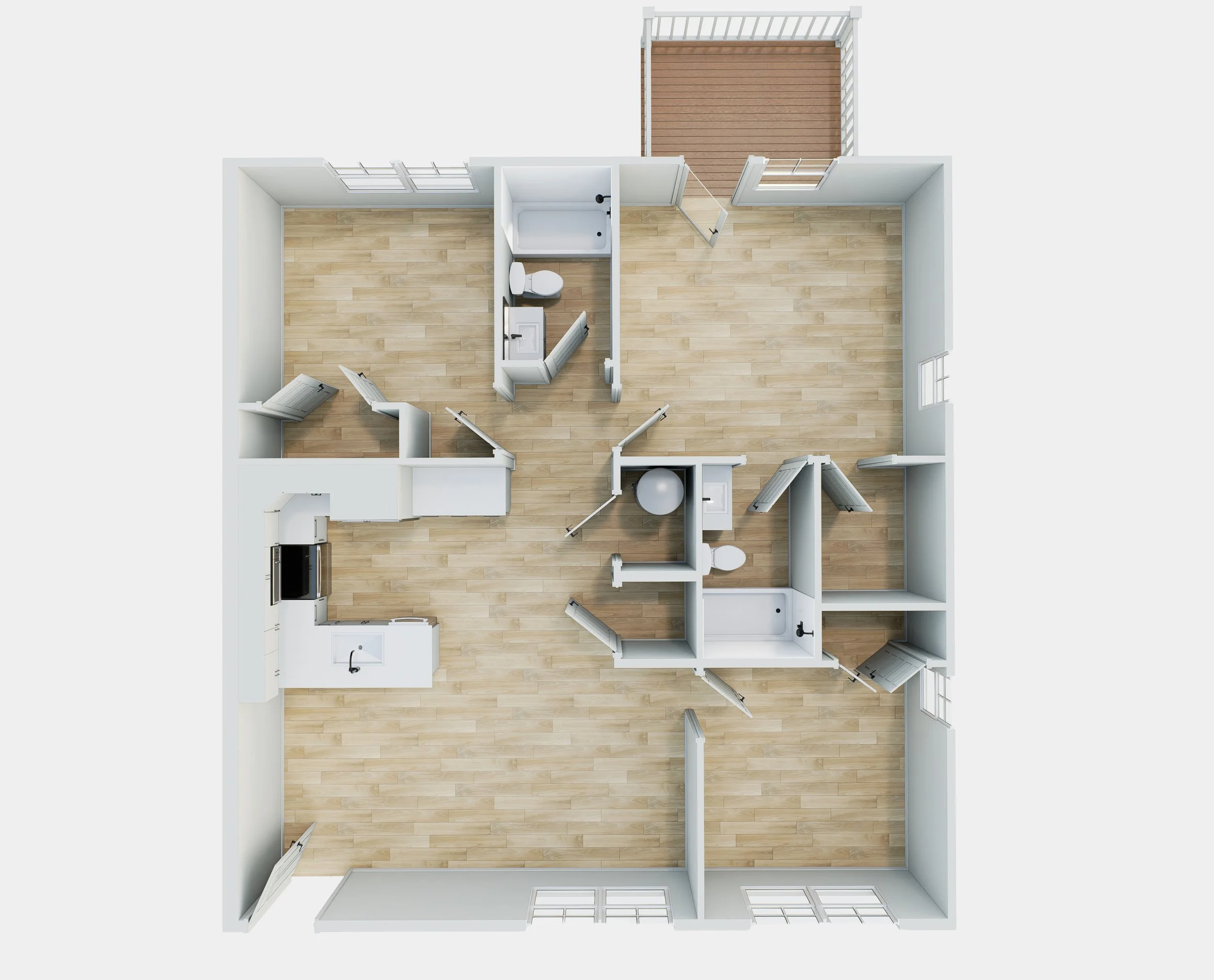 Top-down view of a one-bedroom apartment floor plan with wood flooring, a small kitchen, a bathroom, a living area, and a balcony.