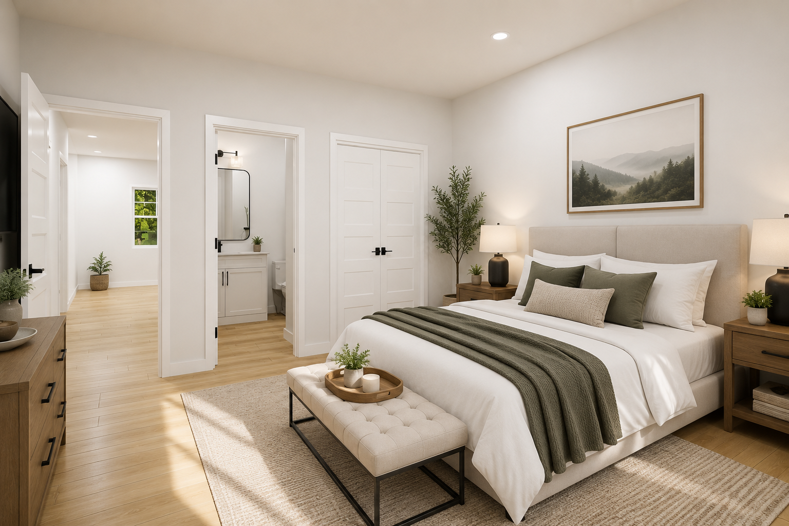 Modern bedroom with beige upholstered bed, white linens, green and beige pillows, wooden nightstands with black lamps, and a framed landscape photo on the wall. A bench with a tray, candles, and plants at the foot of the bed. Light wood flooring with a beige rug. Potted plants near the bed. doorway to an en suite bathroom and another room visible in the background.
