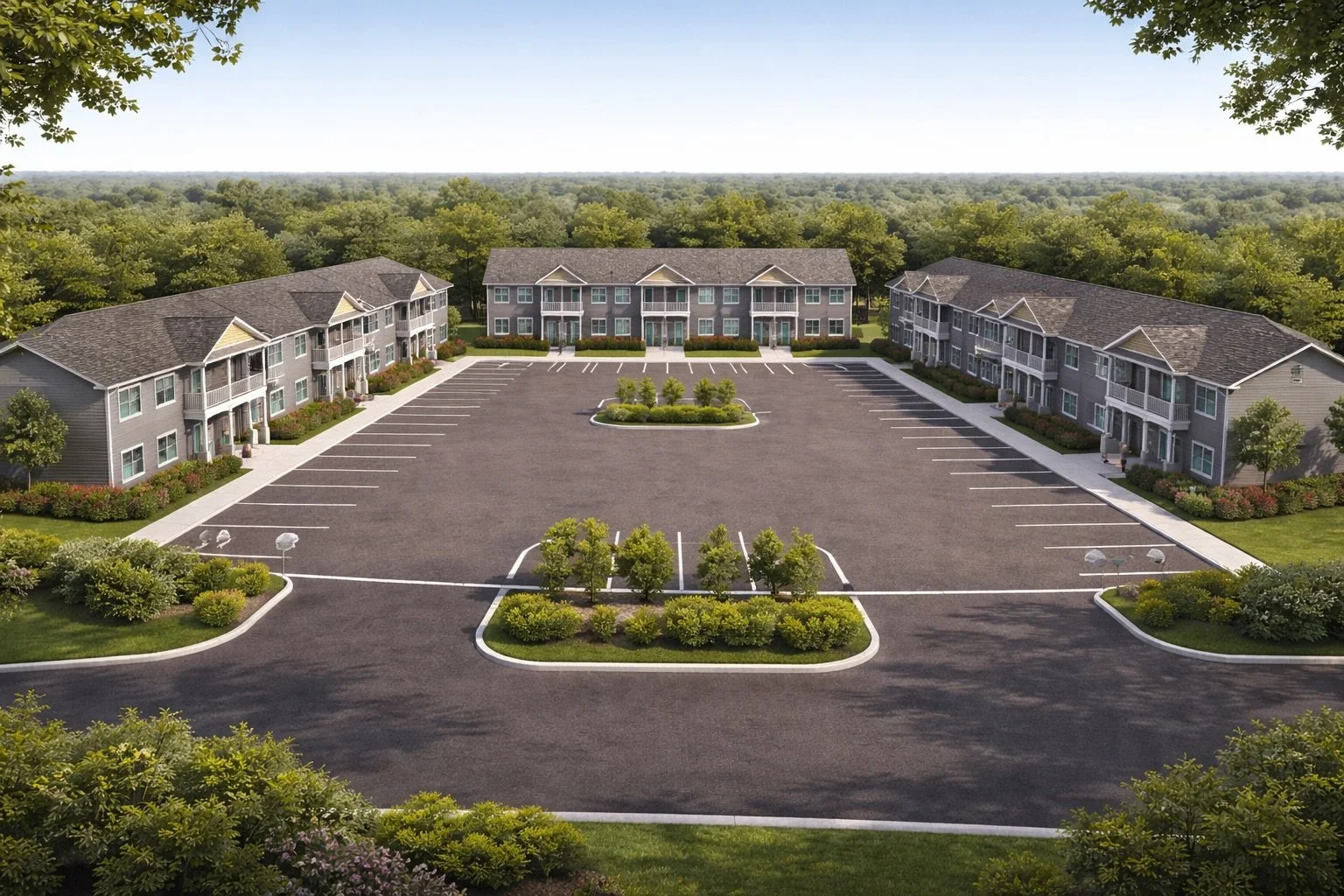 A residential apartment complex with two rows of buildings framing a large, empty parking lot with a small landscaped island in the center and surrounded by trees and greenery.