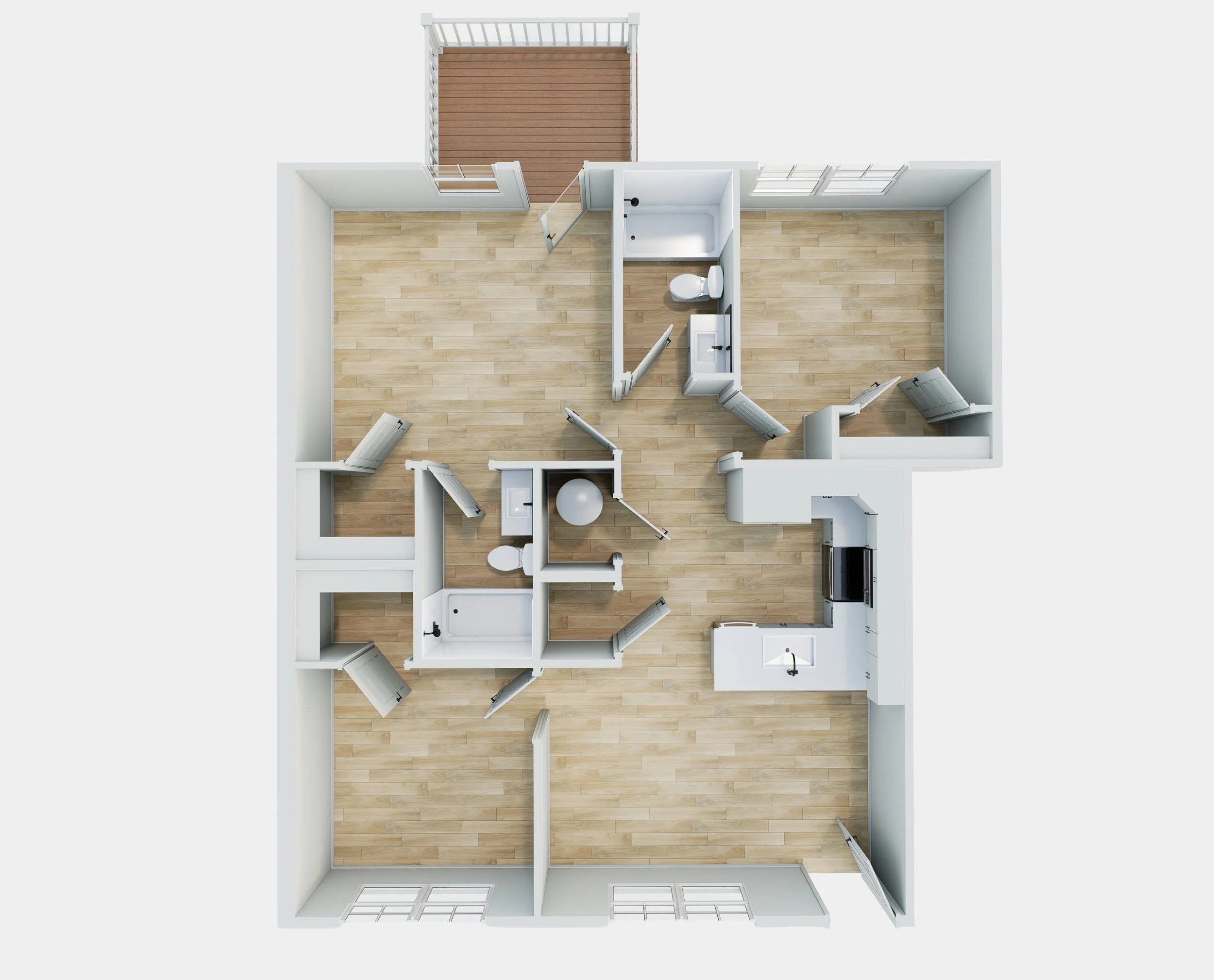 Floor plan of an apartment with an outdoor balcony, bathroom, and living spaces.