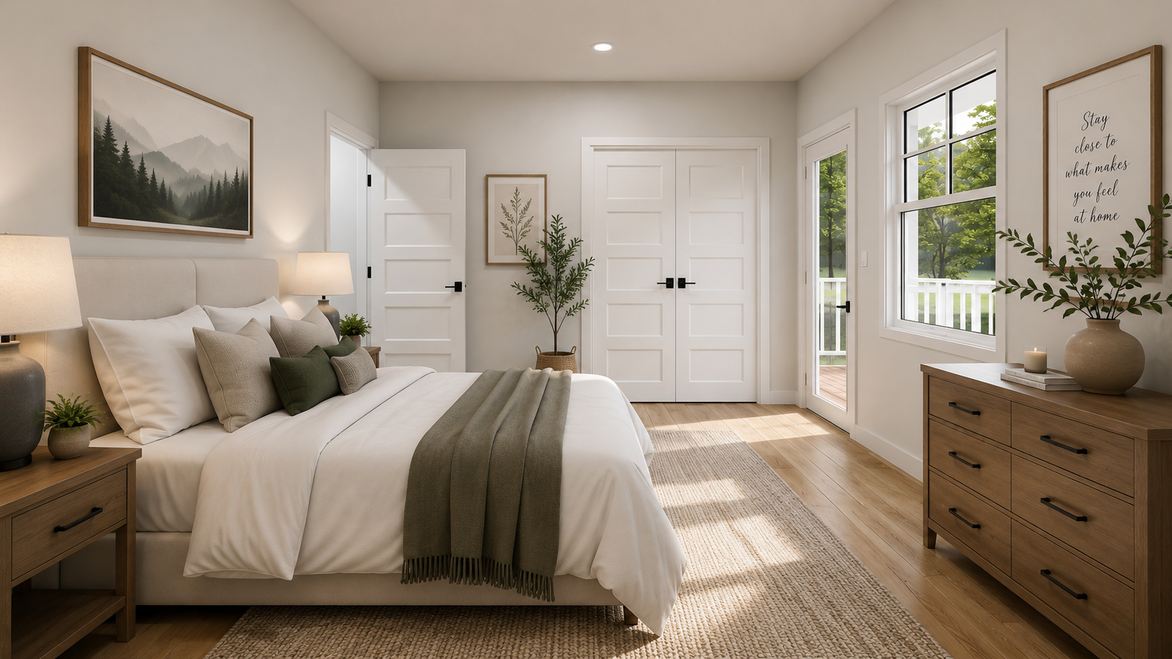 A cozy bedroom with a bed, nightstands, and lamps. Decor includes framed nature prints, a potted plant, a wooden dresser with books and a vase, and a large window with a view of green trees.