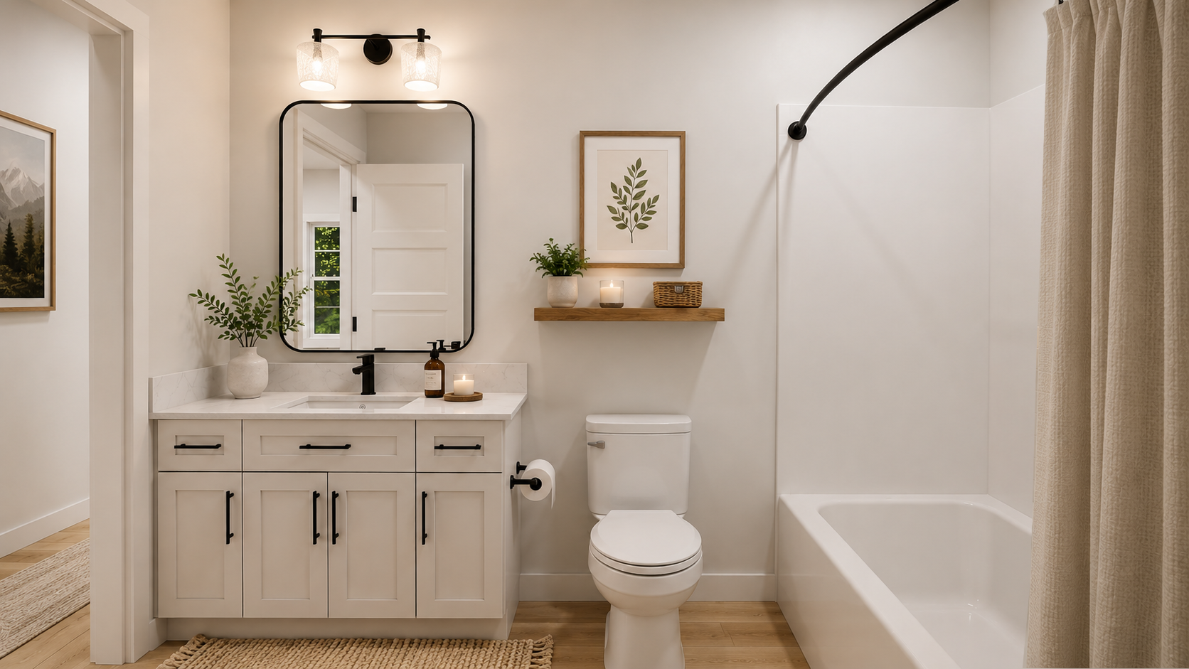 A modern bathroom with a white vanity, black fixtures, a mirror, potted plant, candles, framed botanical art, toilet, wooden floating shelf, decorative basket, and a bathtub with a curved shower rod and curtain.