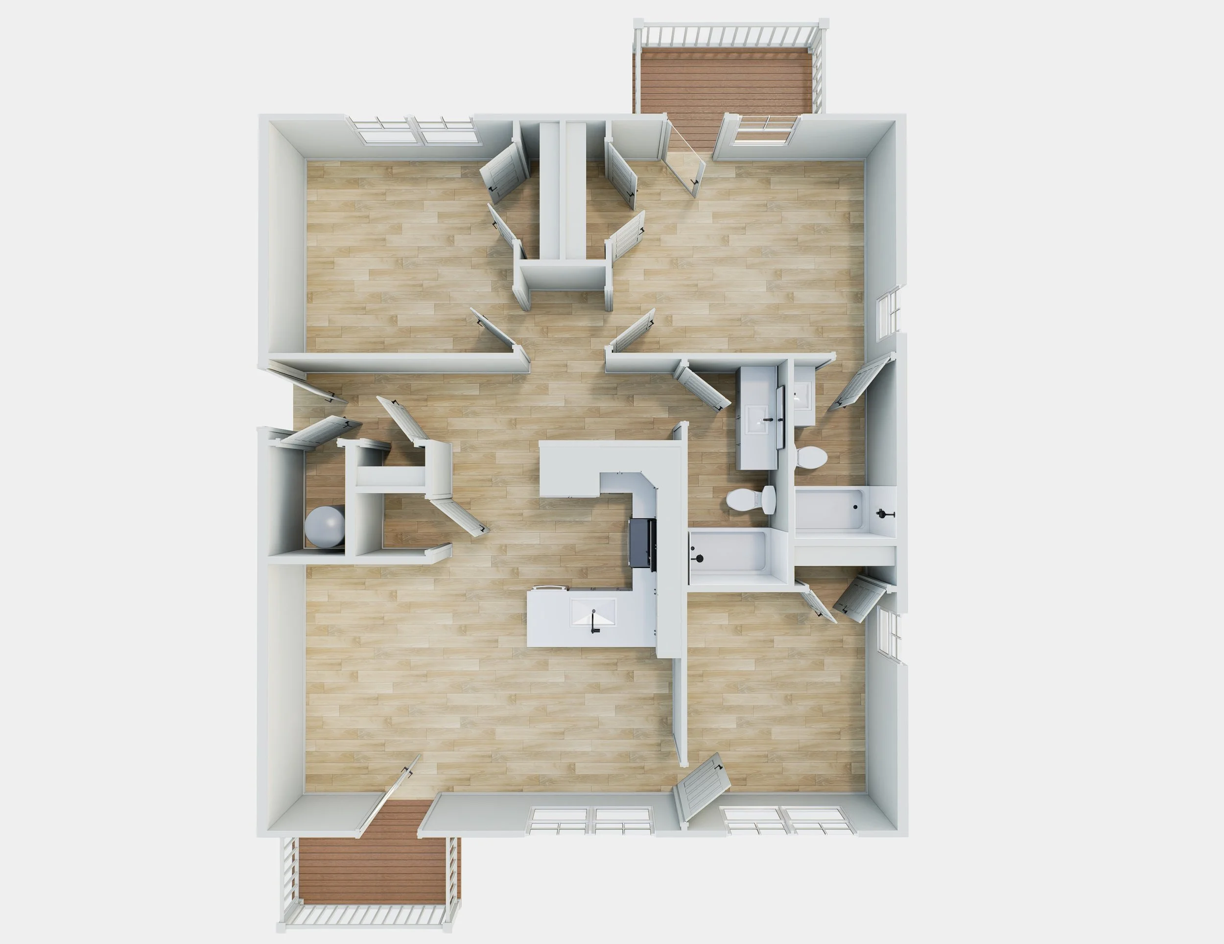 Top-down view of an empty apartment layout with multiple rooms, including a bathroom, kitchen, living area, and two small balconies with wooden decks.