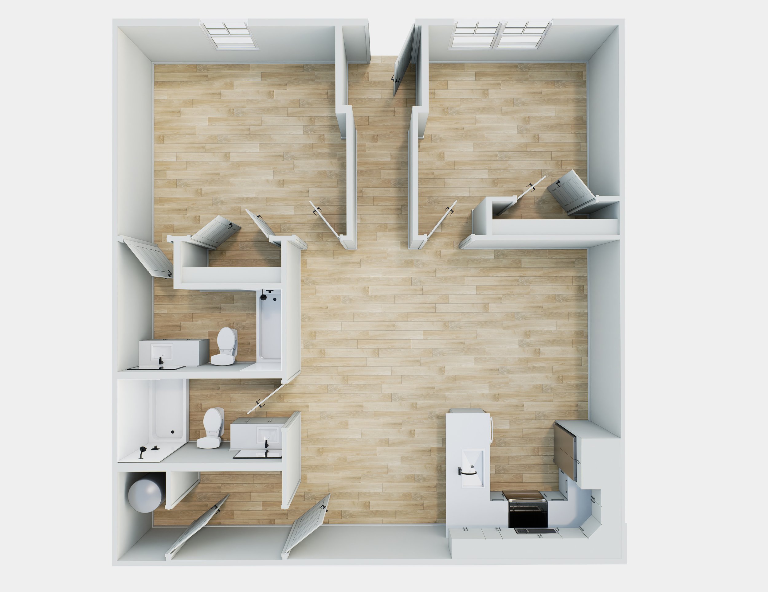 A 3D floor plan of a small apartment with a bathroom, kitchen, and main living area. The bathroom includes a shower, toilet, and sink. The kitchen has appliances, cabinets, and a small countertop. The main living space is open with wood flooring and windows.