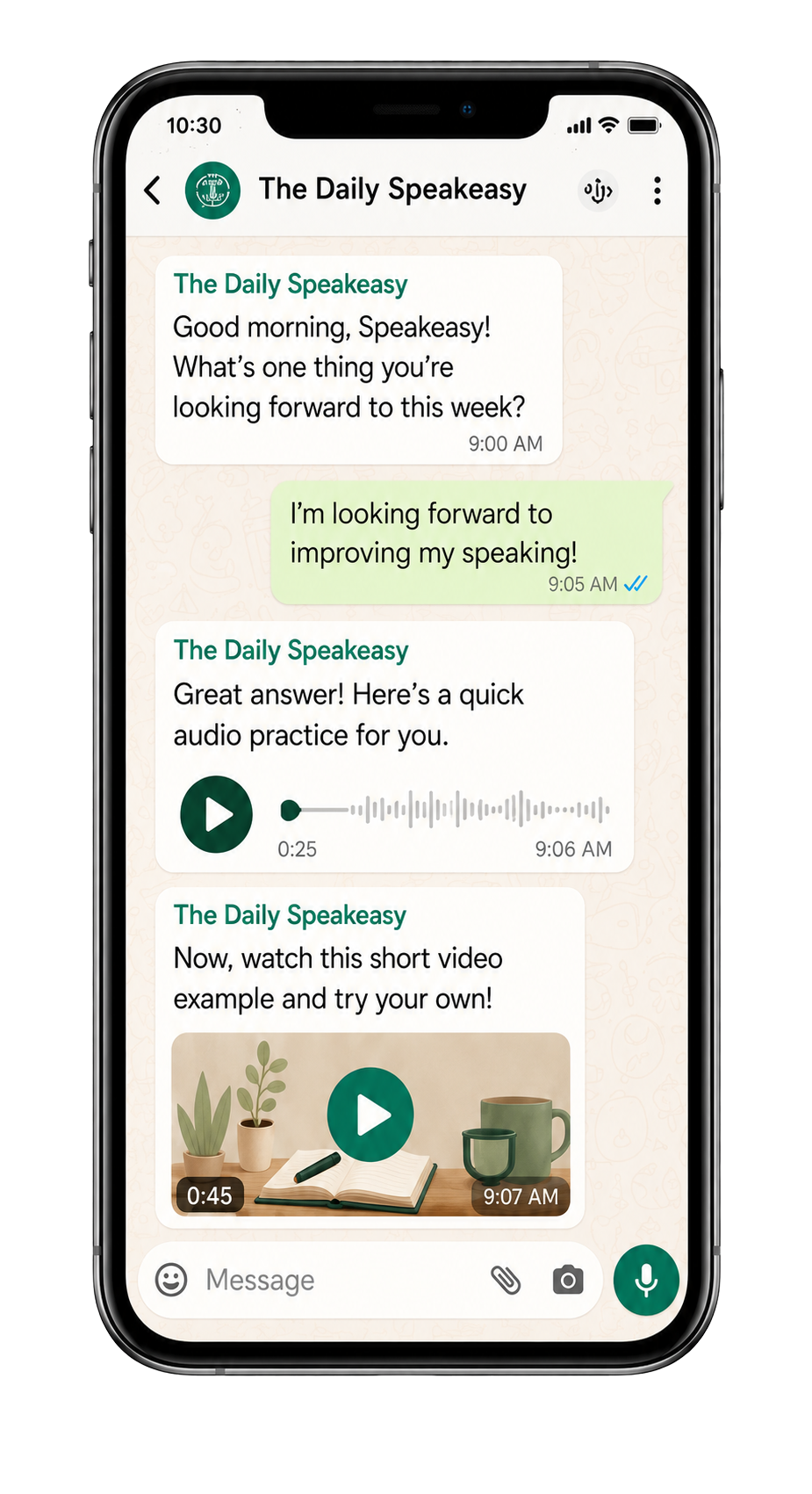 WhatsApp English practice with text prompts, audio messages, and short videos in The Daily Speakeasy