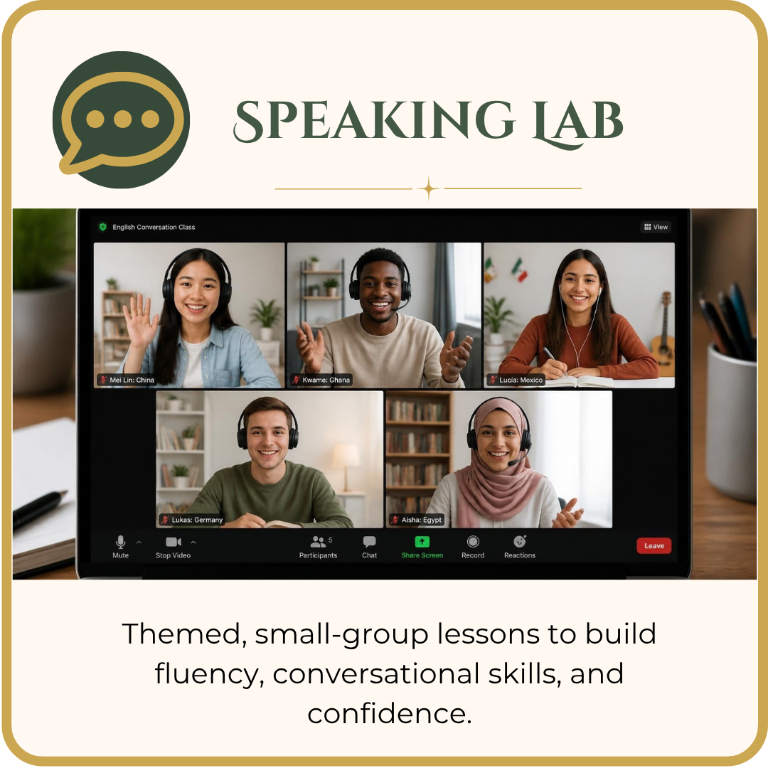 Adult English learners practicing real-life conversation in an online speaking class