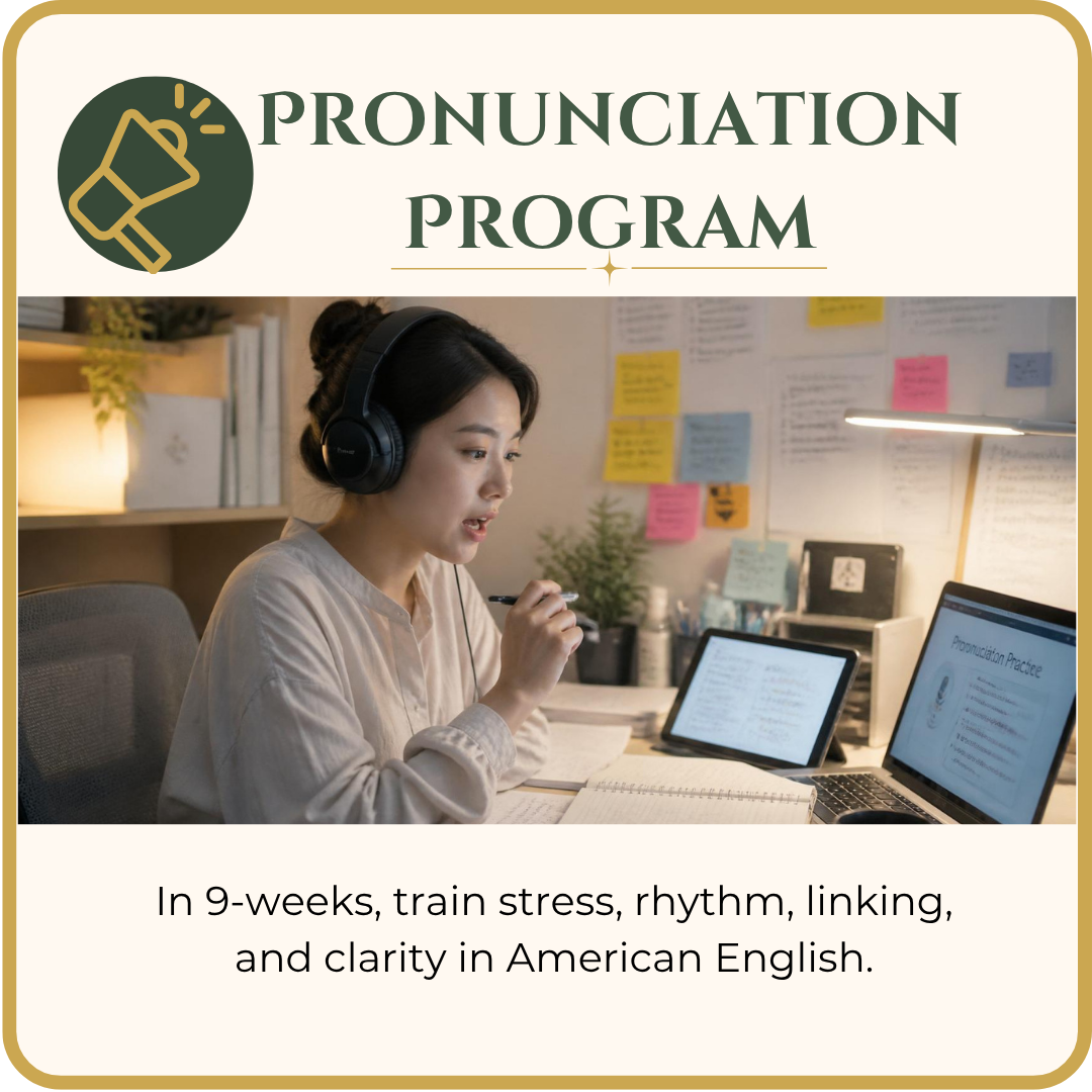 Adult learner practicing American English pronunciation, rhythm, stress, and connected speech