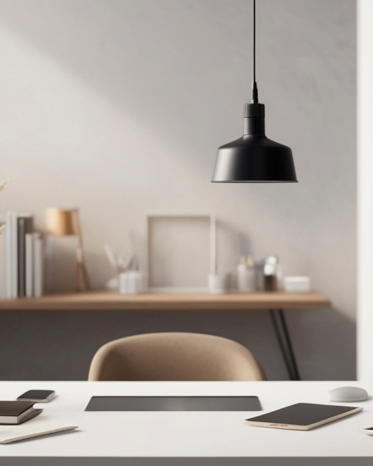 Modern workspace with a white desk, a beige chair, and a black hanging lamp. In the background, there is a wooden shelf with books, containers, and a picture frame.