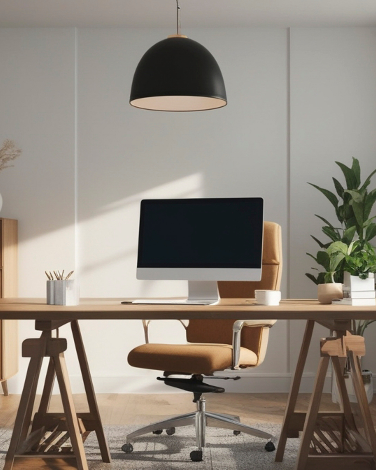 Modern home office with a wooden desk, an office chair, a computer monitor, potted plants, and a hanging ceiling light, in a minimalist style.