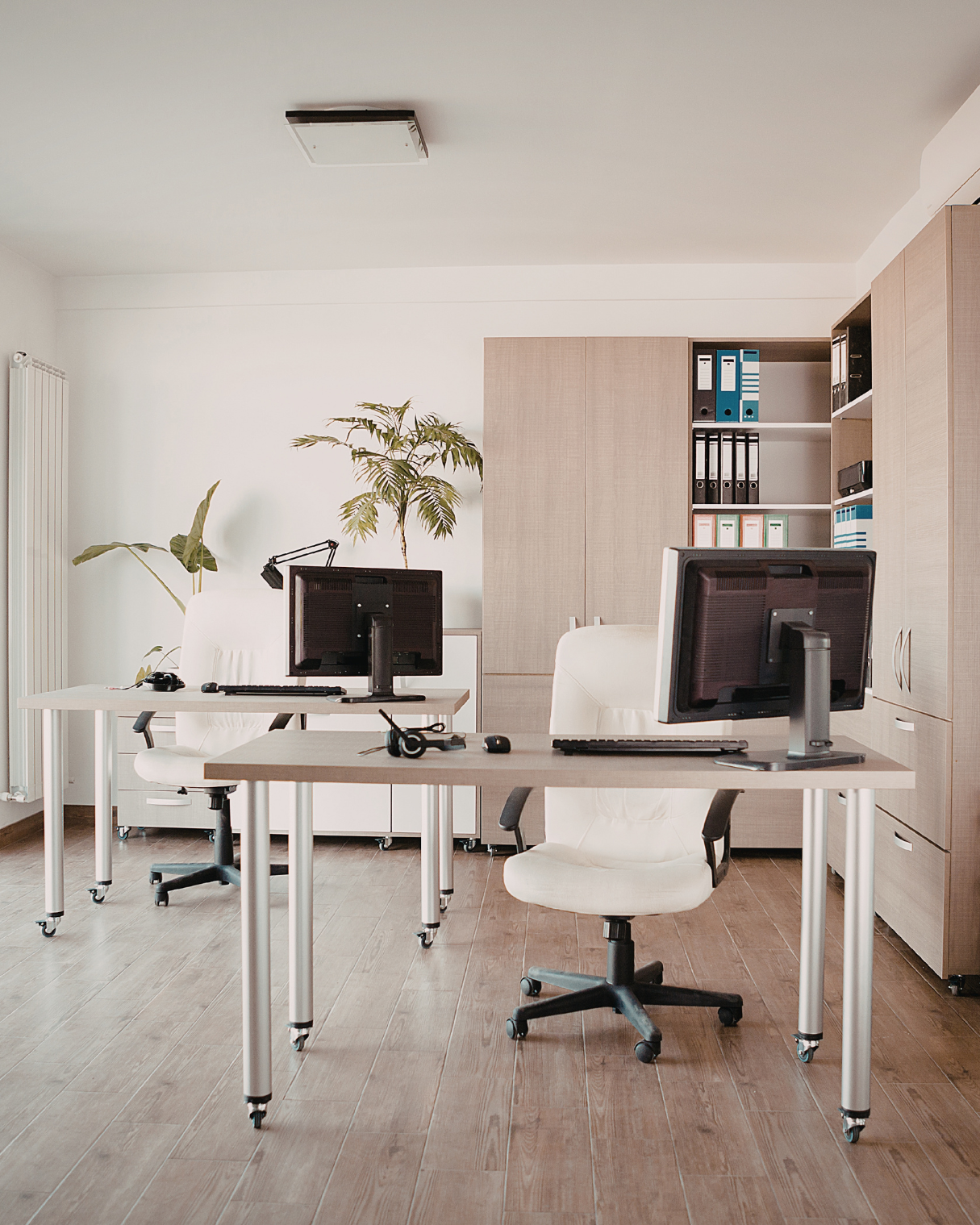 An office with two white desks equipped with computer monitors, keyboards, mice, and office chairs. There are two large potted plants and a wooden cabinet with shelves filled with binders and files. The room has a modern and minimalistic design with light-colored walls and wood flooring.