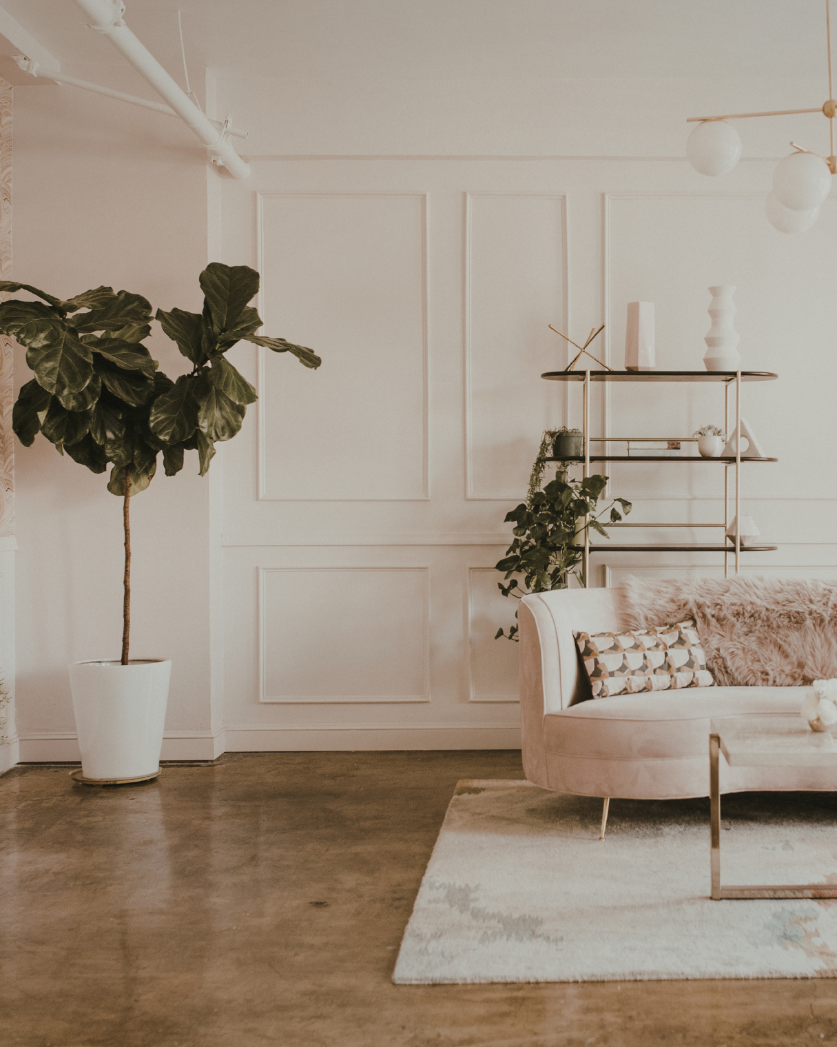 Living room with white walls, a large potted fiddle leaf fig tree on the left, a beige curved sofa with patterned and faux fur pillows, a wooden coffee table, a decorative gold metal shelf with plants and vases, and a modern ceiling light fixture.