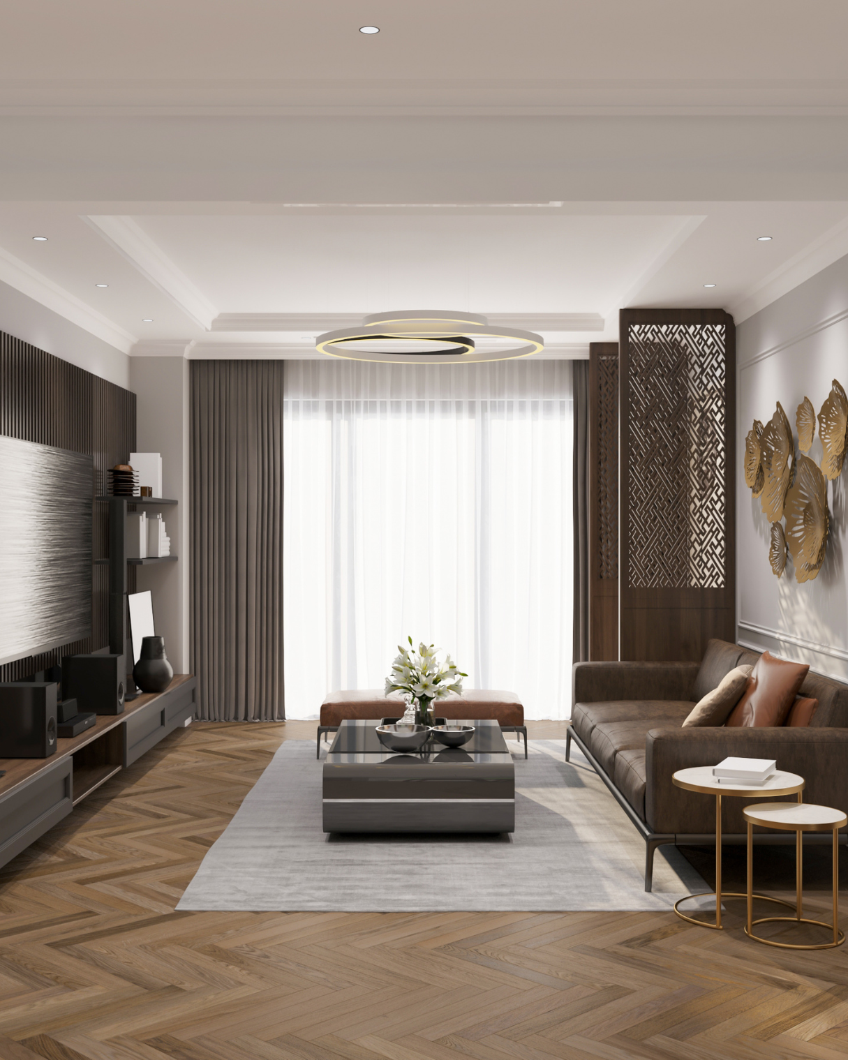 Modern living room with a brown sofa, a glass coffee table, decorative wall art, and large windows with sheer curtains.