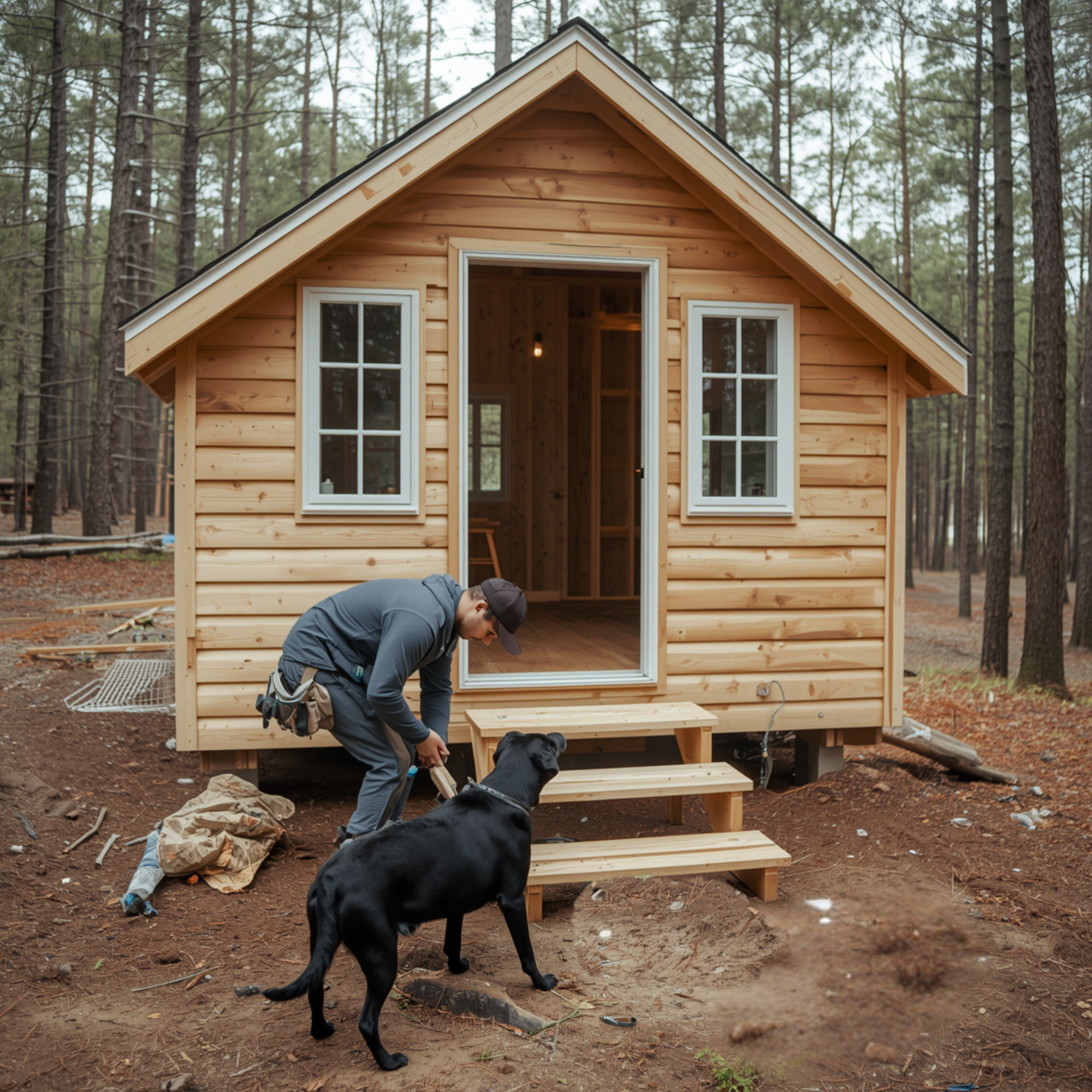 Handyman with Black Lab working on stairs for a deck in a pine forest