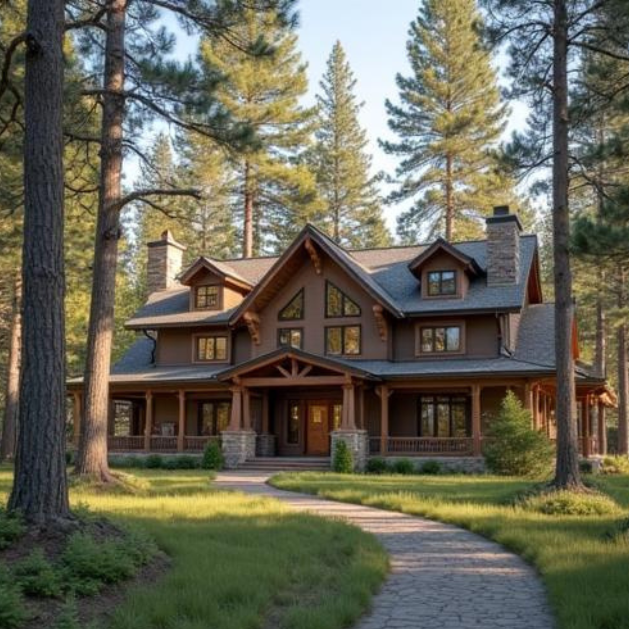 A large house made of wood and stone, surrounded by tall pine trees, with a pathway leading to the entrance, in a forested suburban area.