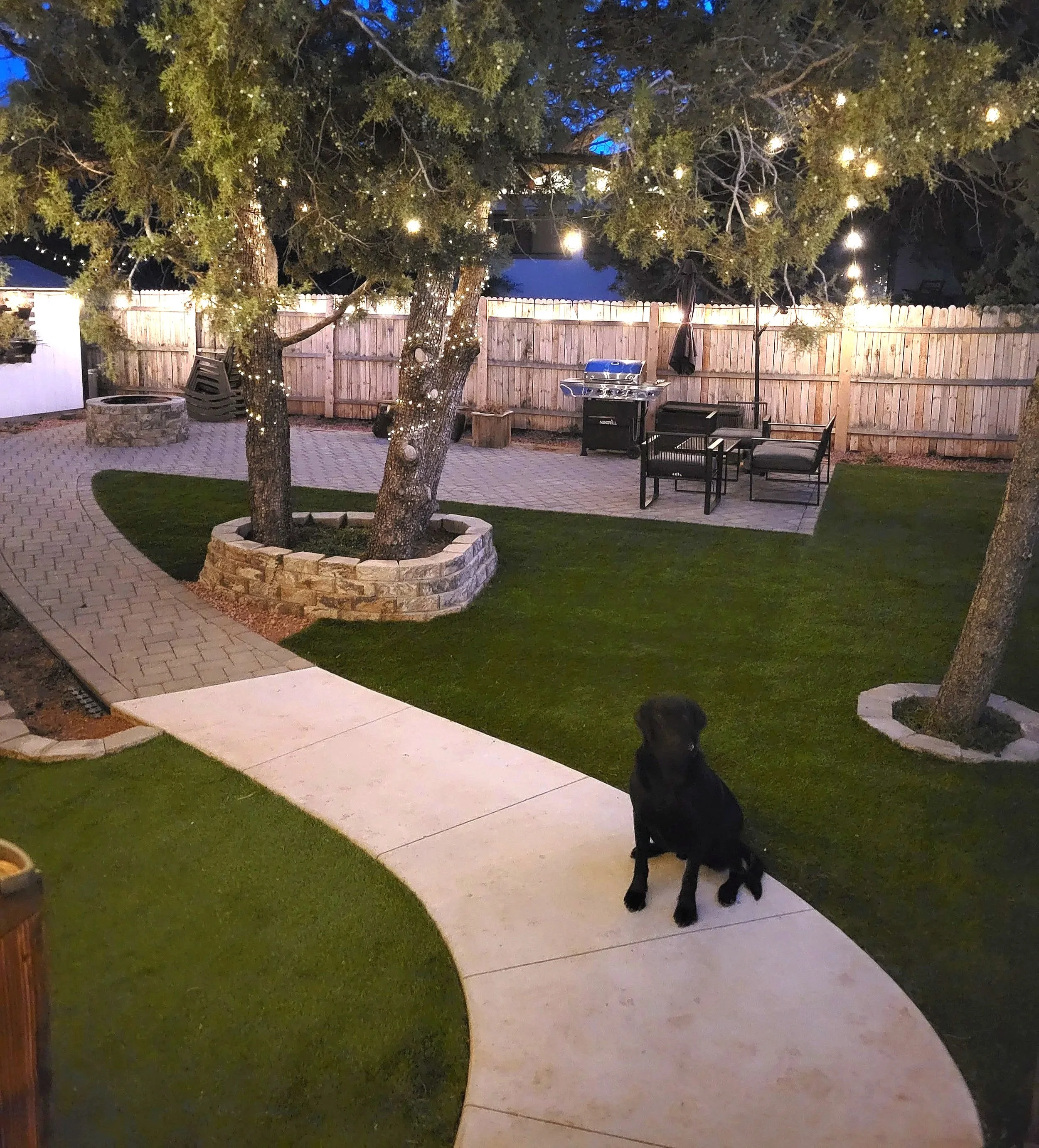Gator Home Services- Payson-The backyard project after, with green turf, planters built out of bricks, a firepit and a dog sitting on the walkway