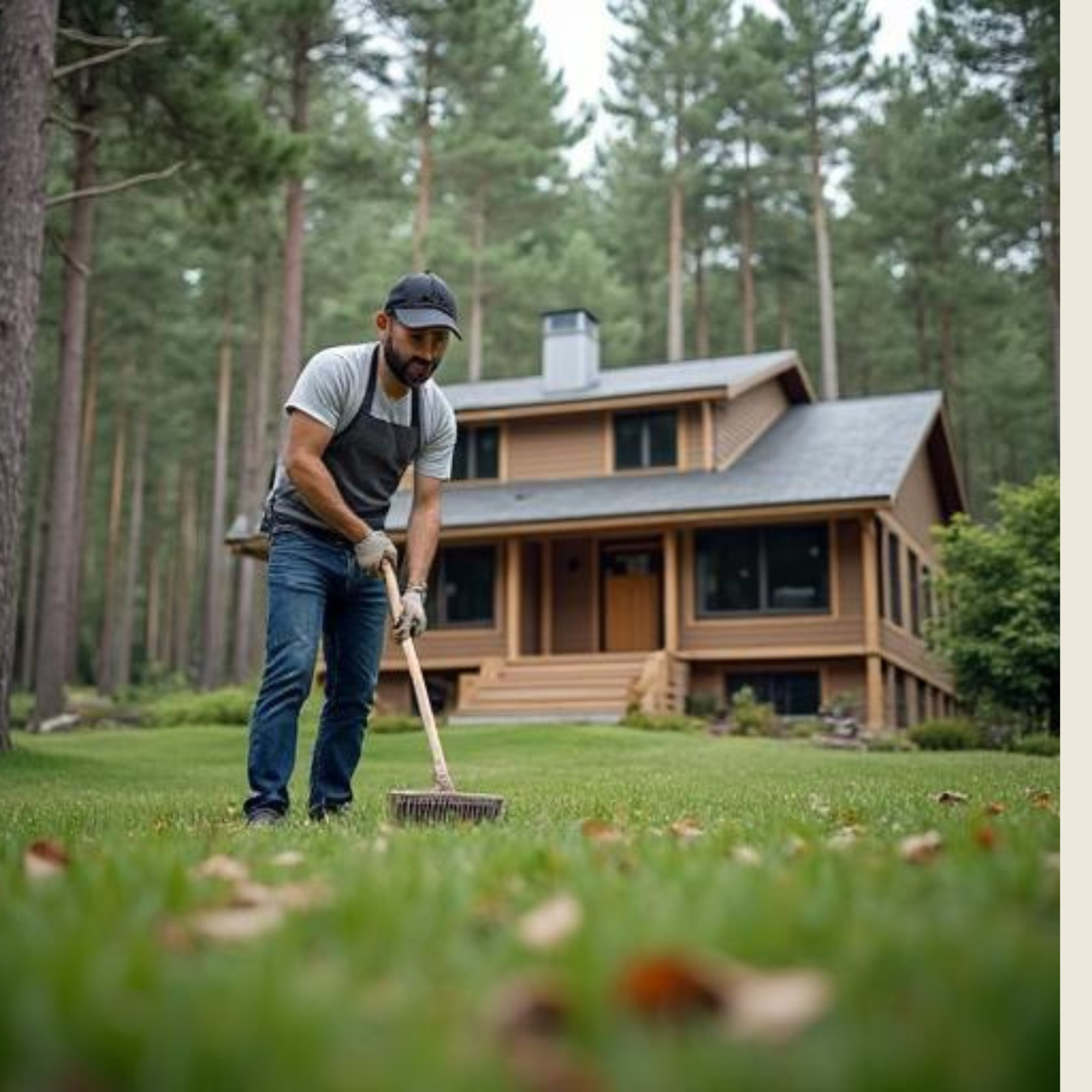 Gator's Home Services- Payson, AZ - Man working on raking and landscaping green grass near a nice house in the woods