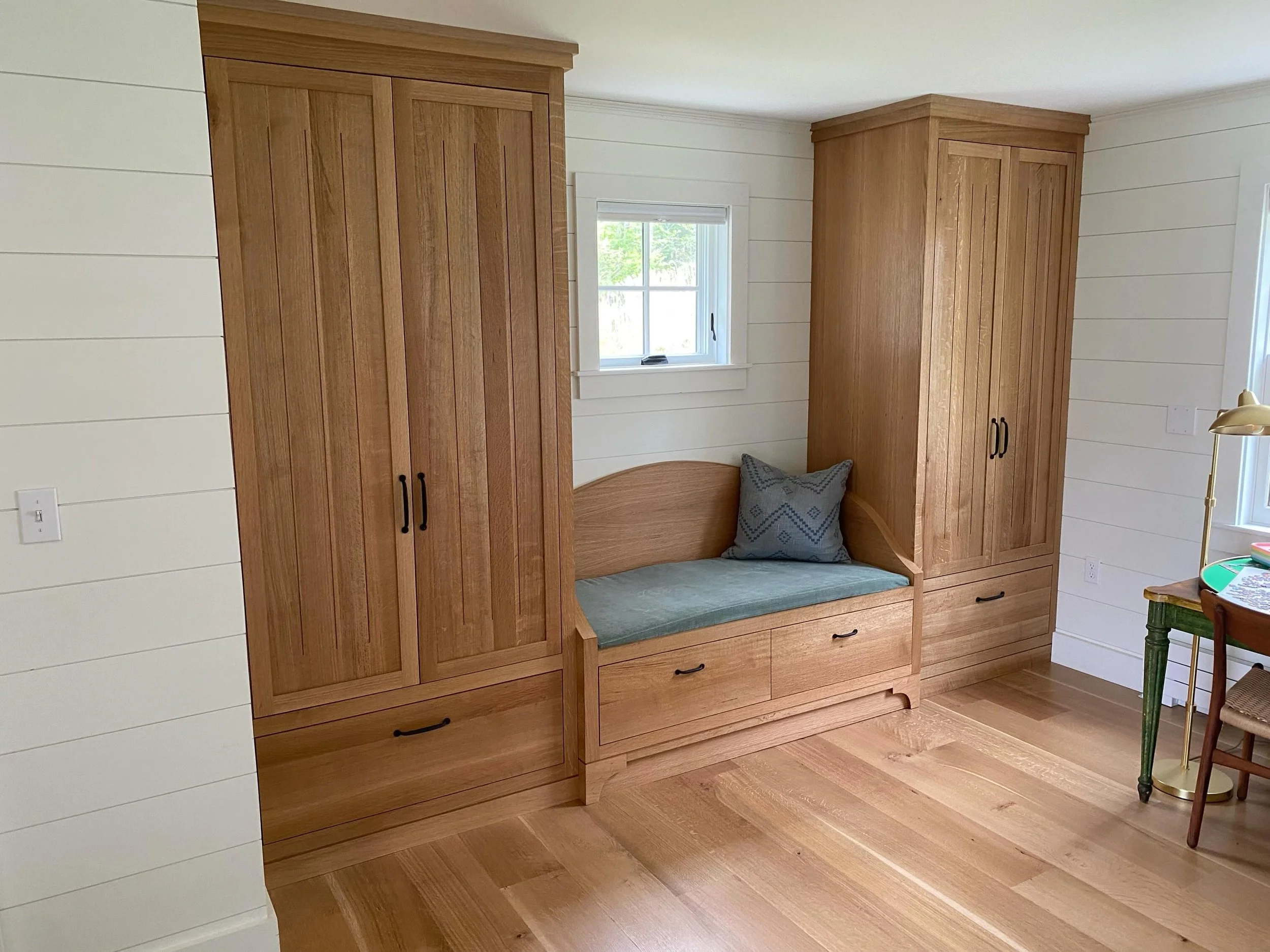 Until i can get a professional photographer out to the island, these will have to do. Quarter sawn white oak wardrobe cabinets and bench seat for Clayton Builders we had a great time building these and working with this crew, looking forward to more 