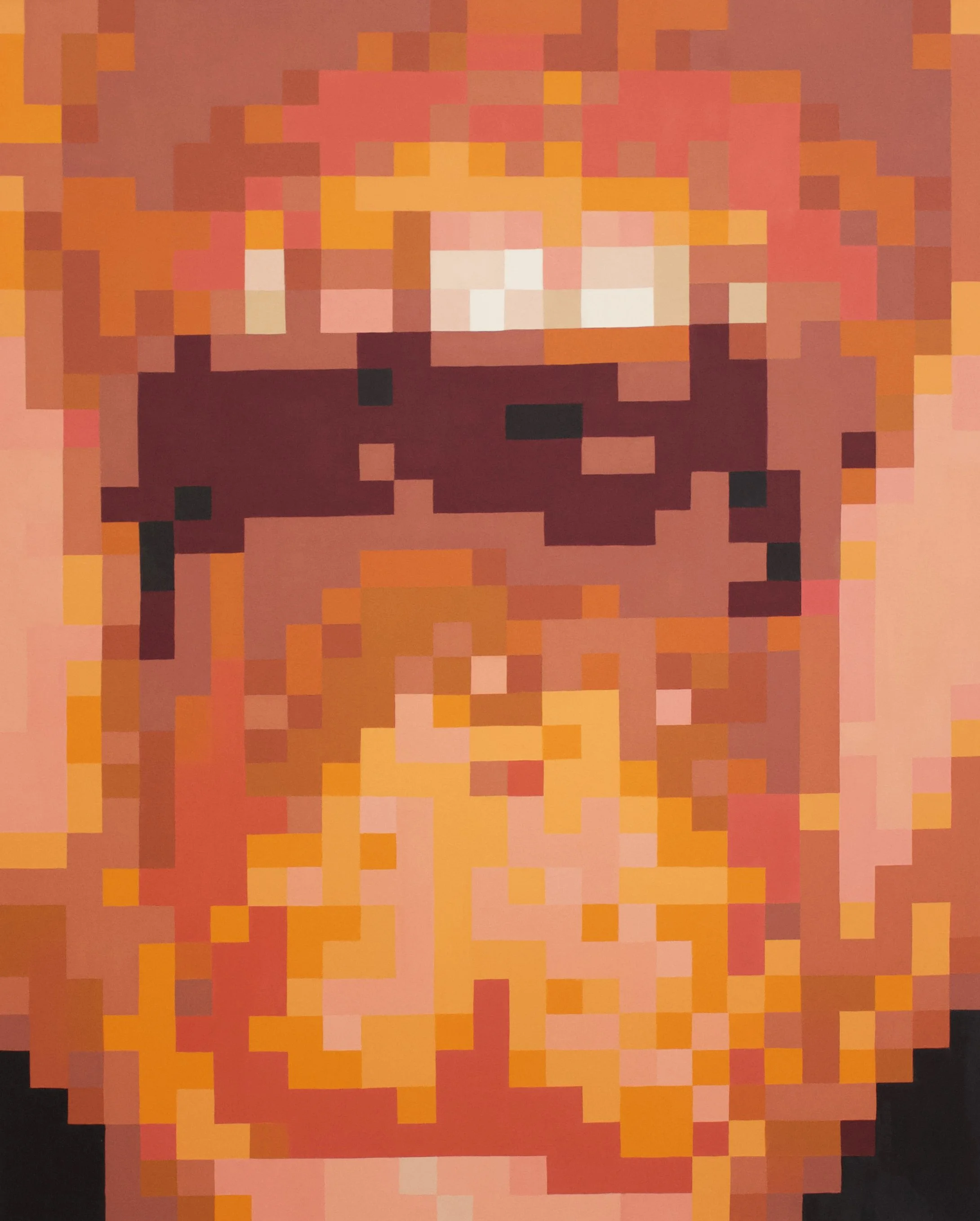 Pixelated image of an open mouth featuring warm tones of orange, red, yellow, and pink.