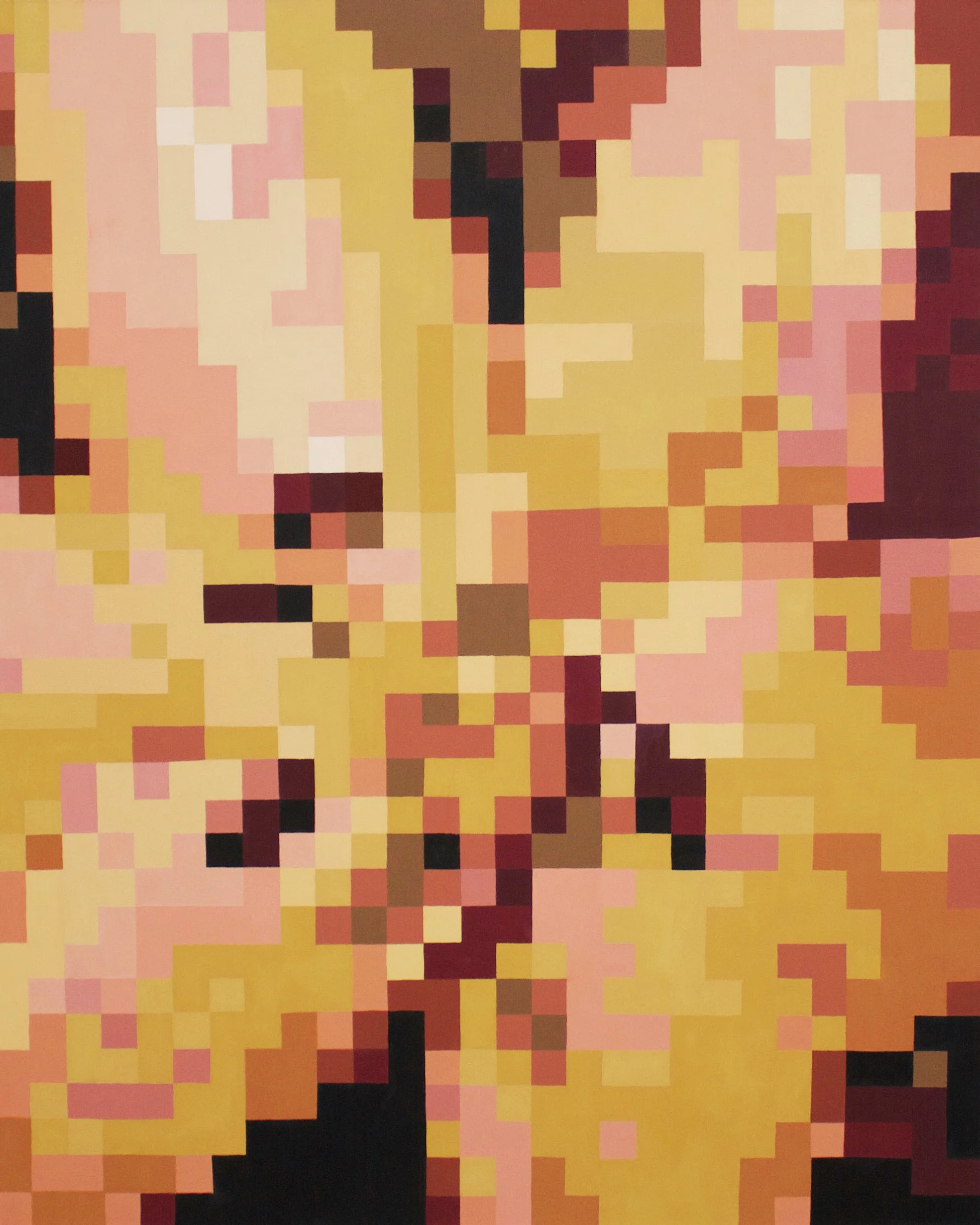 Pixelated image of a flower, with colors mainly in shades of pink, brown, and yellow.