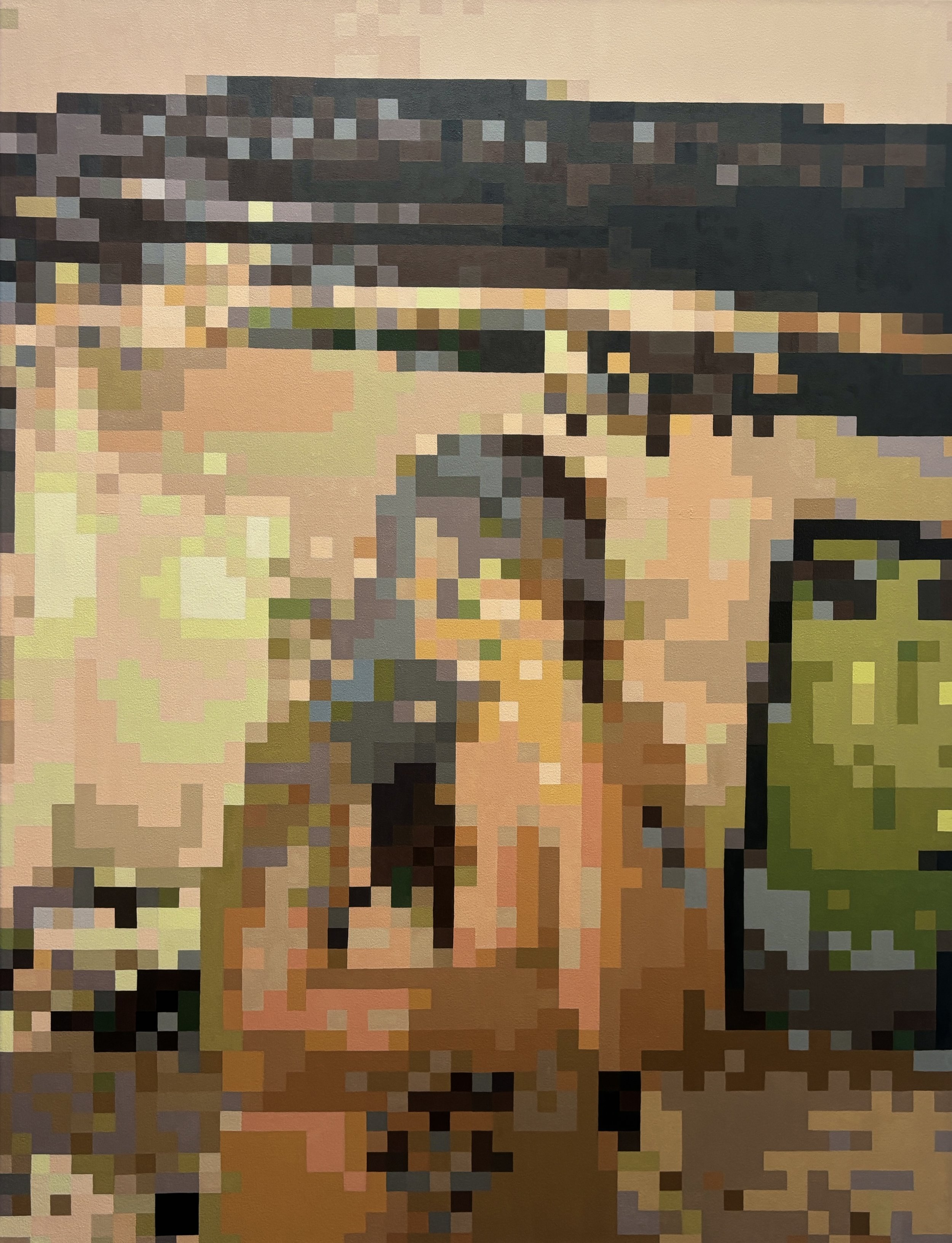 Pixelated image of a nude woman standing in front of a mirror.
