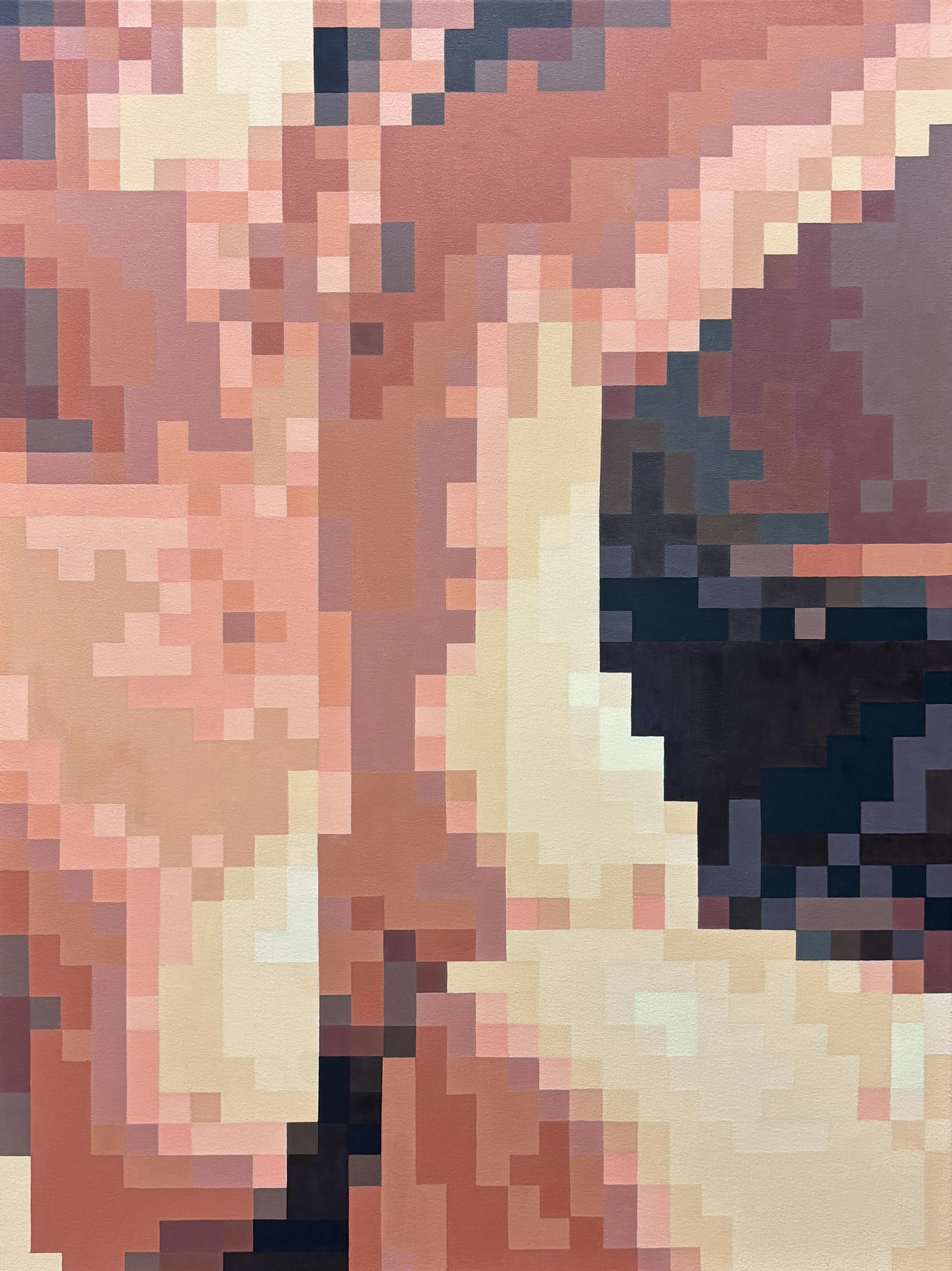 Pixelated abstract image with pink, red, beige, and dark blue colors.