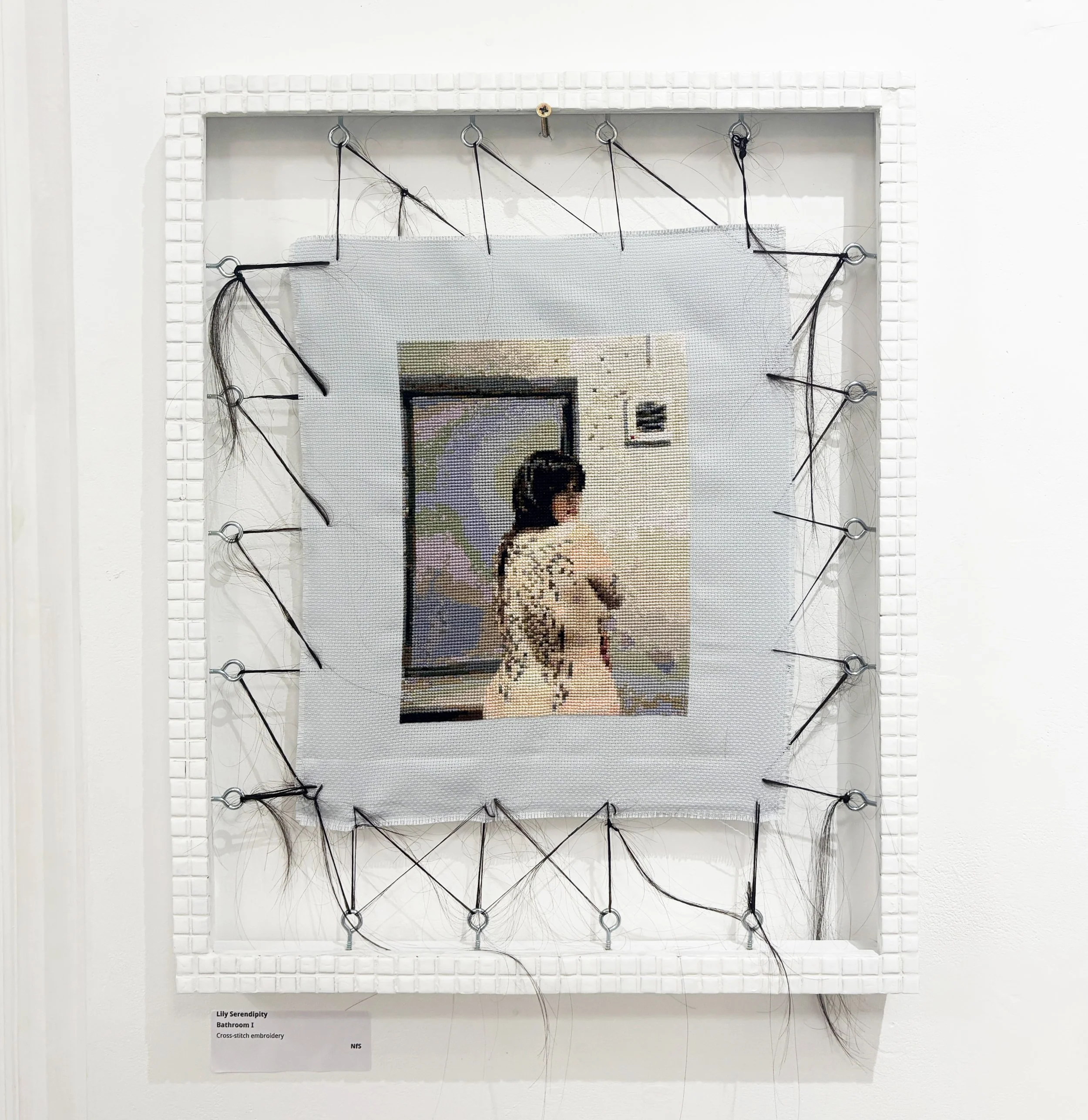 Cross-stitch embroidery artwork depicts a nude woman. Frame with metal hooks and black threads surround the embroidery on a white wall, labeled with information about the piece.