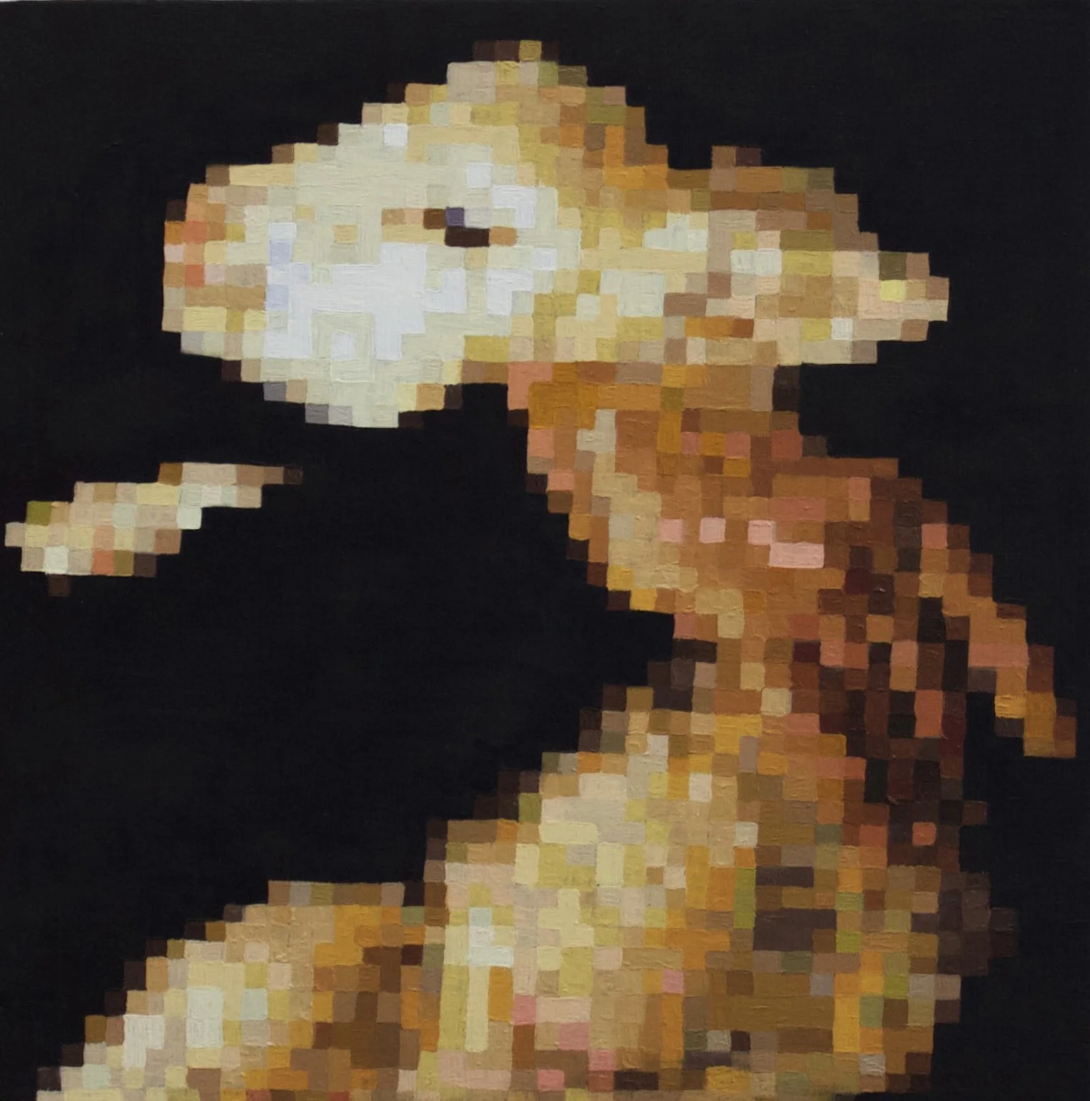 Pixelated image of a lamb held in a persons arms on a black background.