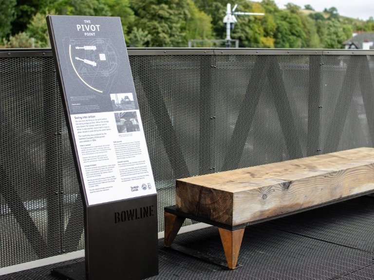 An outdoor information sign titled "THE PIVOT POINT" stands next to a solid wooden beam bench along a metal mesh railing on the Bowline walkway.