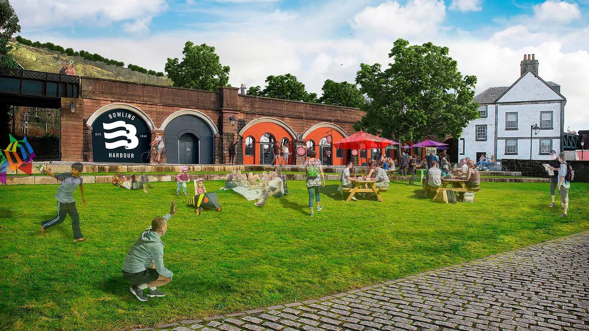 Artist impression showing a lively public green space at Bowling Harbour, where people relax at picnic tables near brick railway arches housing shops and the historic Customs House.