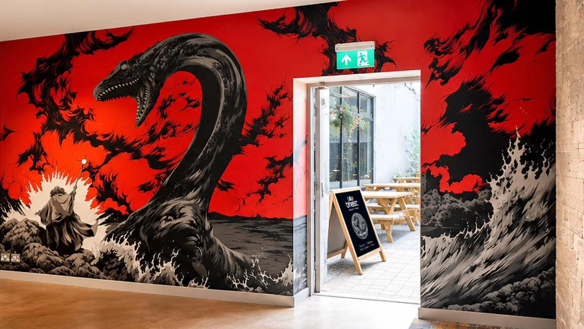 Inside Uile-bheist. The taproom wall, featuring a large wallpaper graphic, depicting Saint Columba’s encounter with a water beast in 565 AD is the earliest recorded account linked to the Loch Ness Monster legend. 