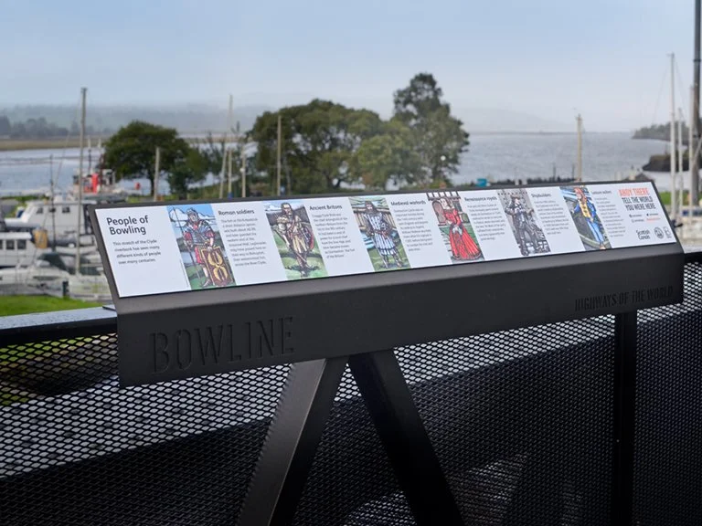 An outdoor sign titled "People of Bowling" on the Bowline pathway displays illustrated historical figures alongside text, overlooking a scenic harbor with boats and water in the background.