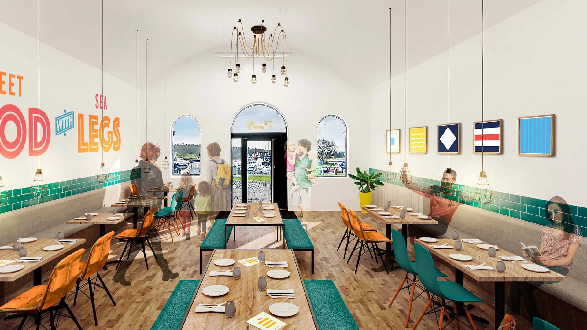 An artist impression of a modern, nautical-themed restaurant interior with vaulted ceilings, hanging industrial lights, and large wall art. Customers are depicted dining at various tables, with views out to a marina through arched windows.