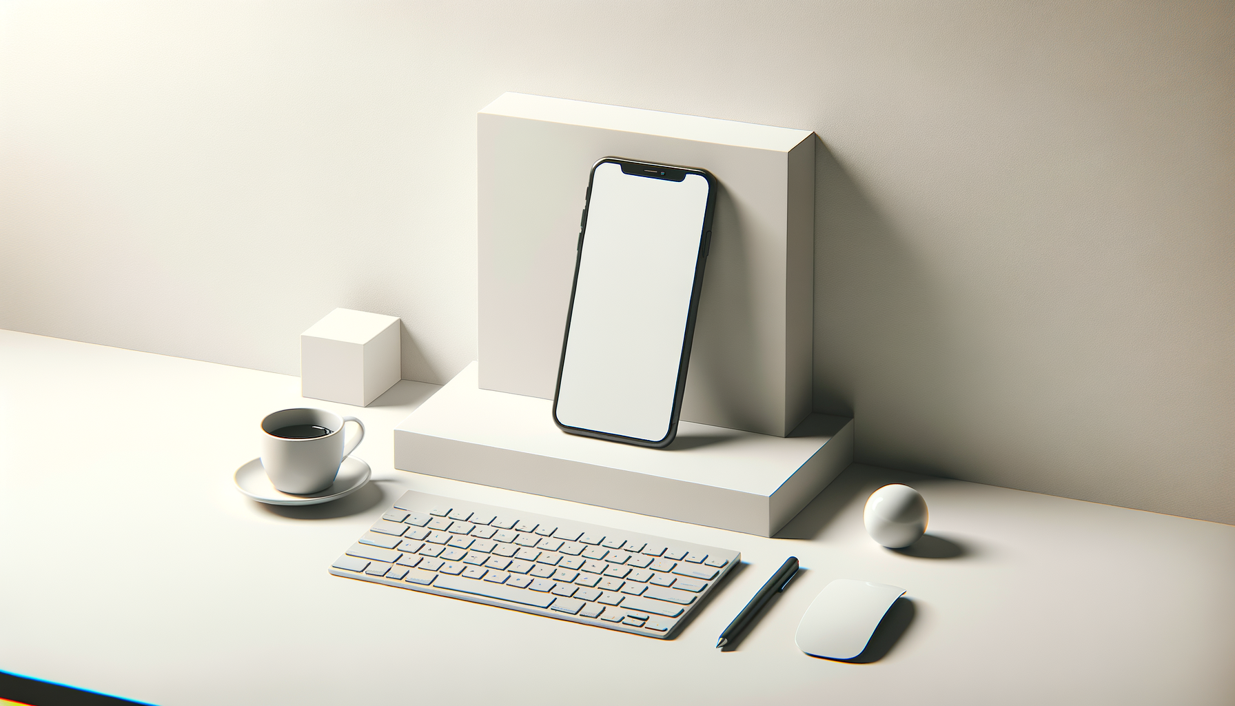 Minimalist workspace with a white laptop, keyboard, mouse, and stylus on a white desk, with a cup of coffee, white geometric decor, and a smartphone propped against a white block, all set against a plain wall.