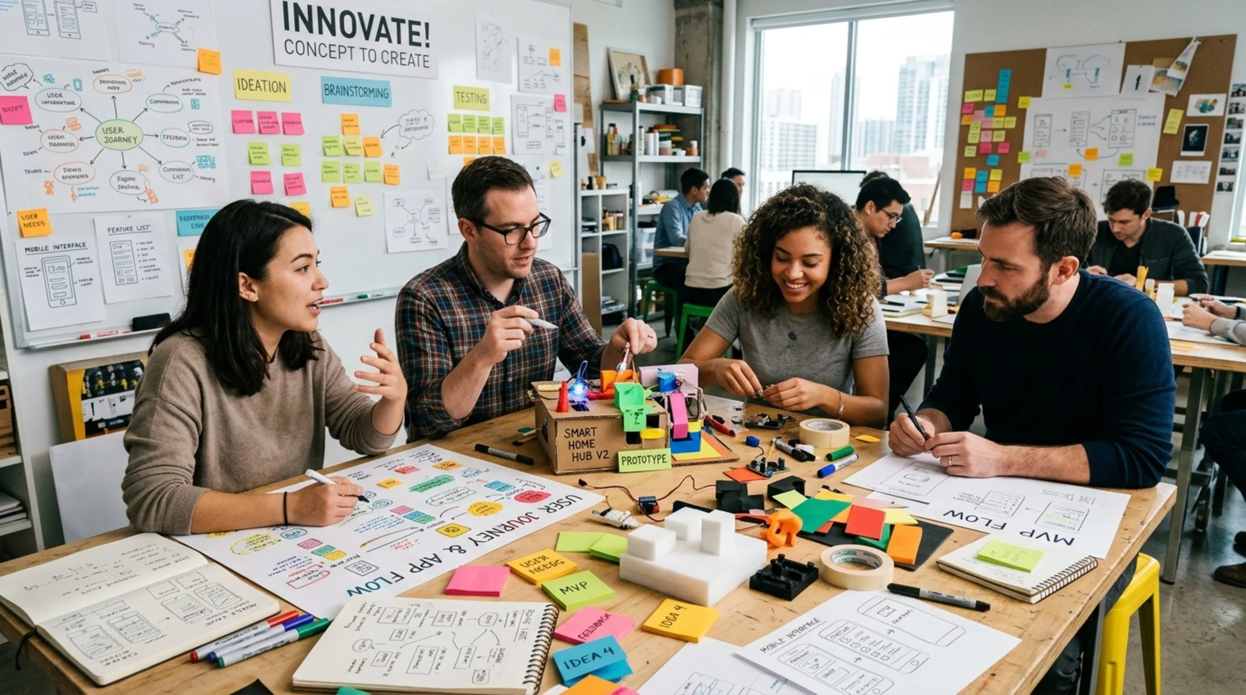 A diverse group of young professionals working together in a modern, well-lit office space filled with whiteboards and posters related to brainstorming, innovation, and design. They are collaborating around a table with various materials, sketches, and a small prototype project labeled 'Smart Home Hub V2'.