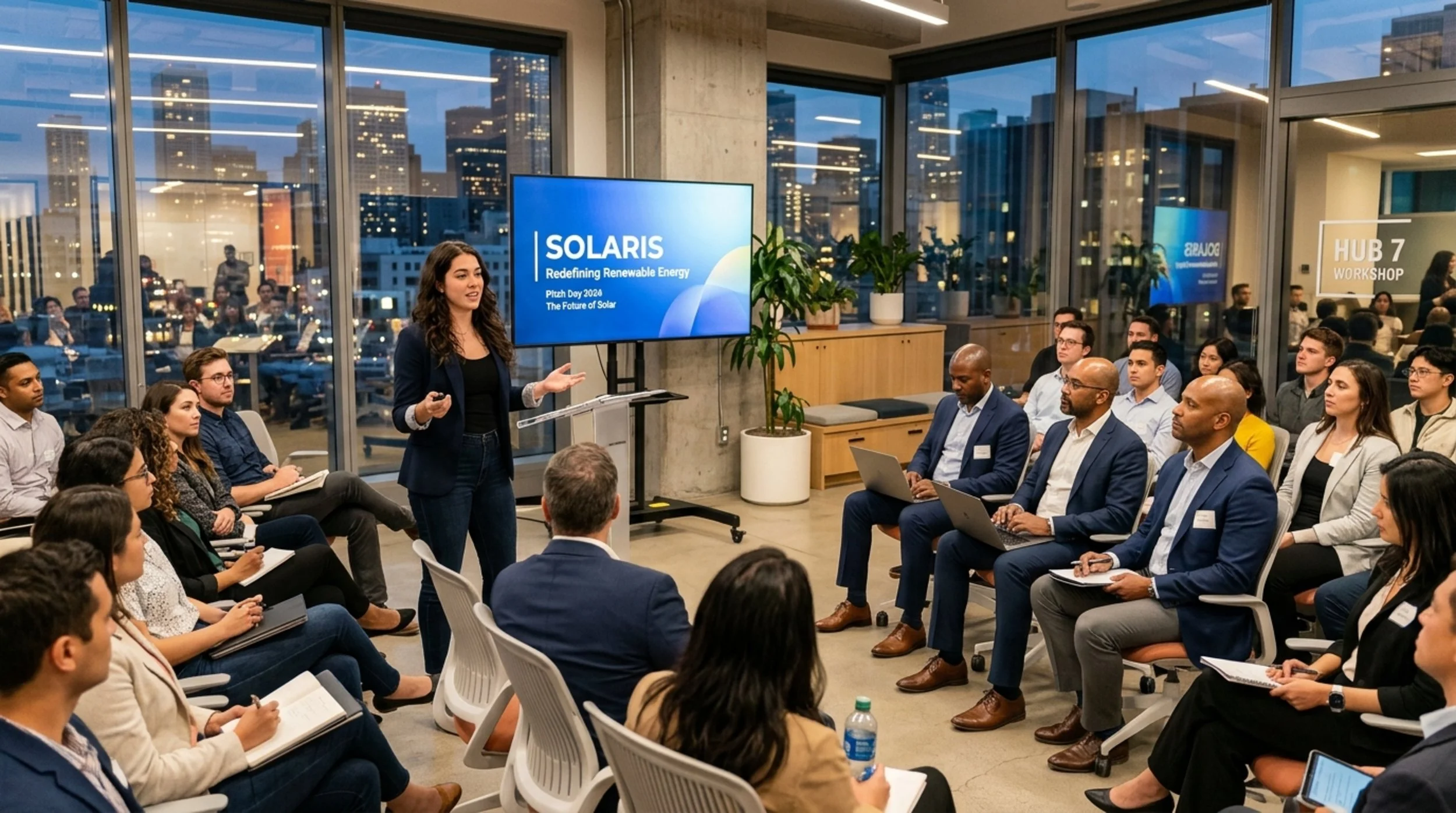 A woman giving a presentation to a group of people in a conference room with large windows, cityscape view, and a digital screen displaying 'SOLARIS Redefining Renewable Energy'.