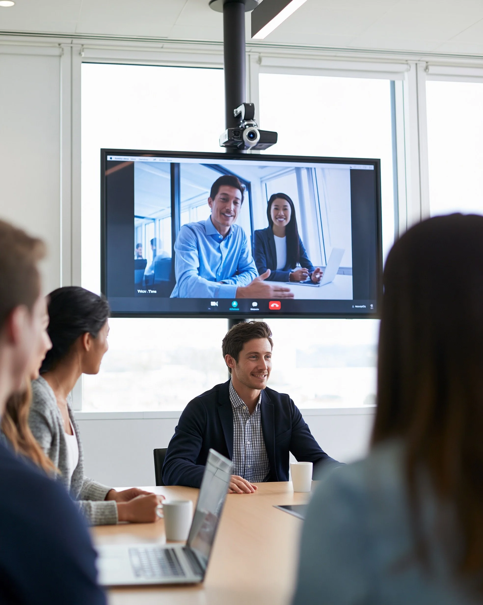 A group of people attending a video conference call in a modern conference room with large windows, with a screen showing two smiling individuals in professional attire.