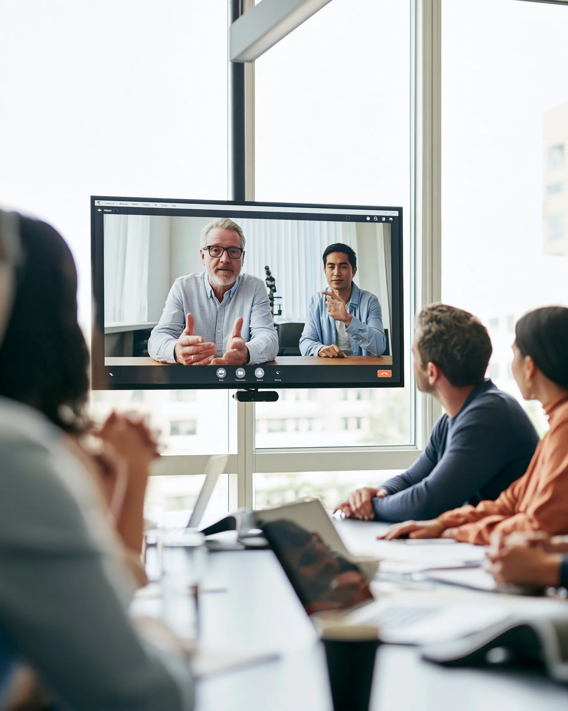 People attending a business meeting in a conference room with a large window, and a video conference displayed on a computer monitor showing two men speaking.