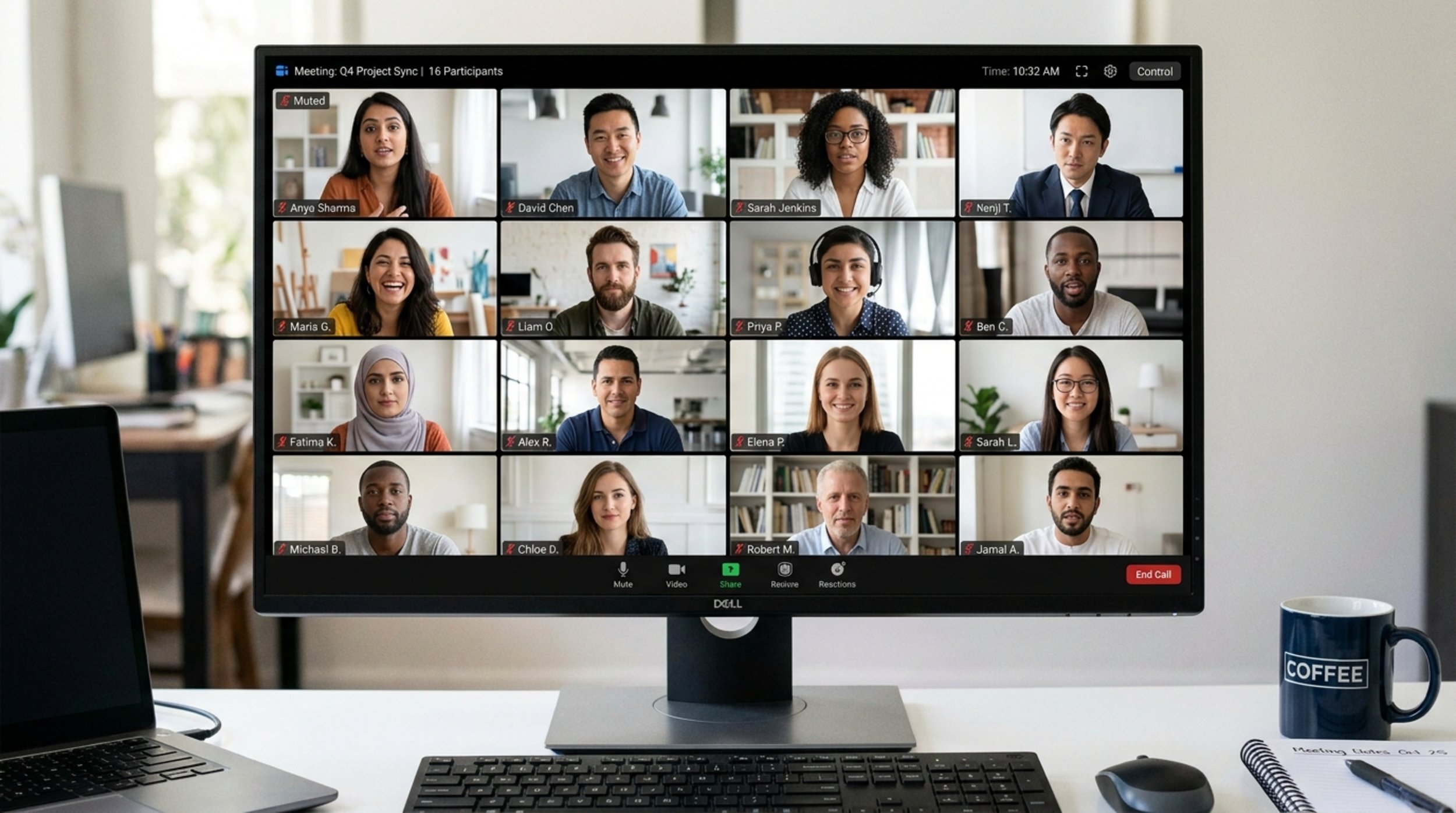 A computer monitor displays a virtual meeting with 16 participants, each in their own video window, in a grid layout. The time on the monitor is 10:32 AM, and the meeting is titled 'Q4 Project Sync.'