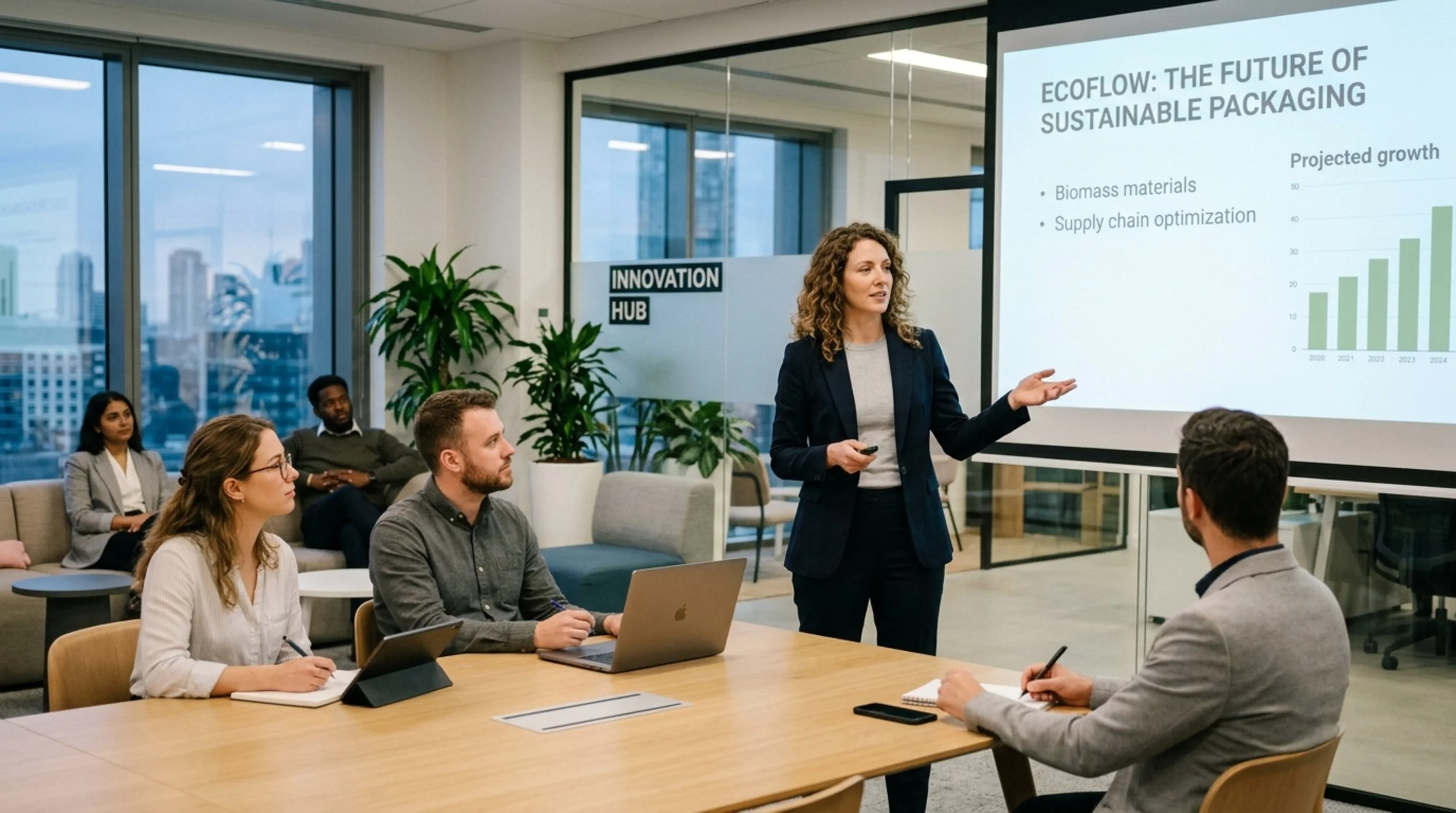 A diverse group of professionals attending a presentation in a modern office conference room, with a woman speaker gesturing at a slide on a large screen that displays a bar chart about sustainable packaging.