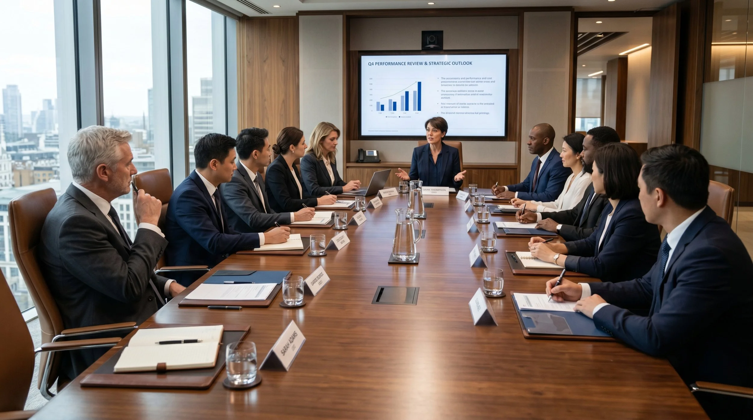 A diverse group of business professionals sitting around a large conference table during a meeting in a high-rise office with floor-to-ceiling windows and a city view. A woman in a dark blazer is presenting at a large screen displaying a chart and text.