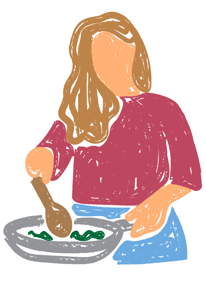 Illustration of a woman cooking holding a skillet and spoon.