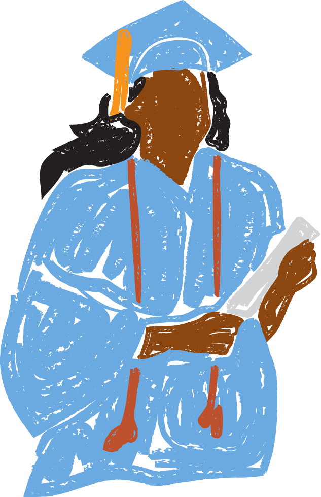 Illustration of a graduate in a blue gown and cap, holding a diploma.