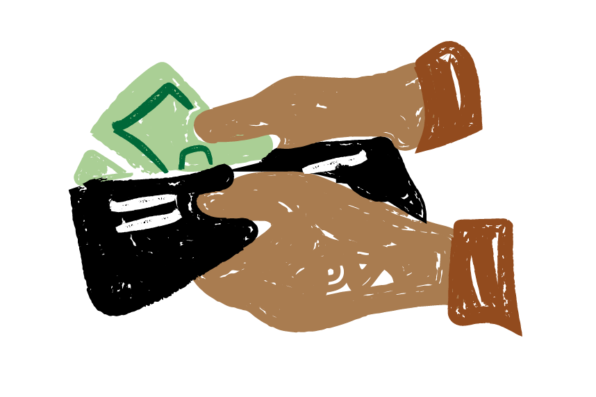 Illustration of hands holding a wallet and money.