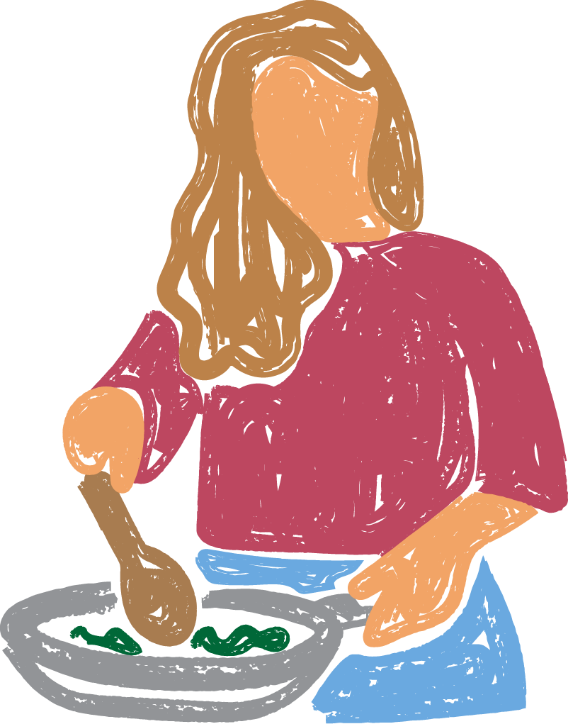 Illustration of a woman cooking holding a skillet and spoon.
