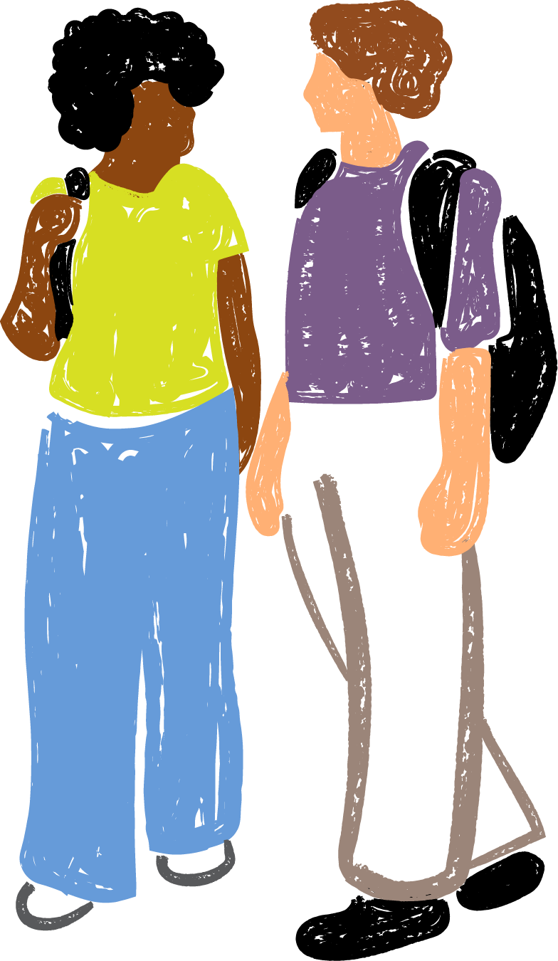 Illustration of two people walking and talking side by side.