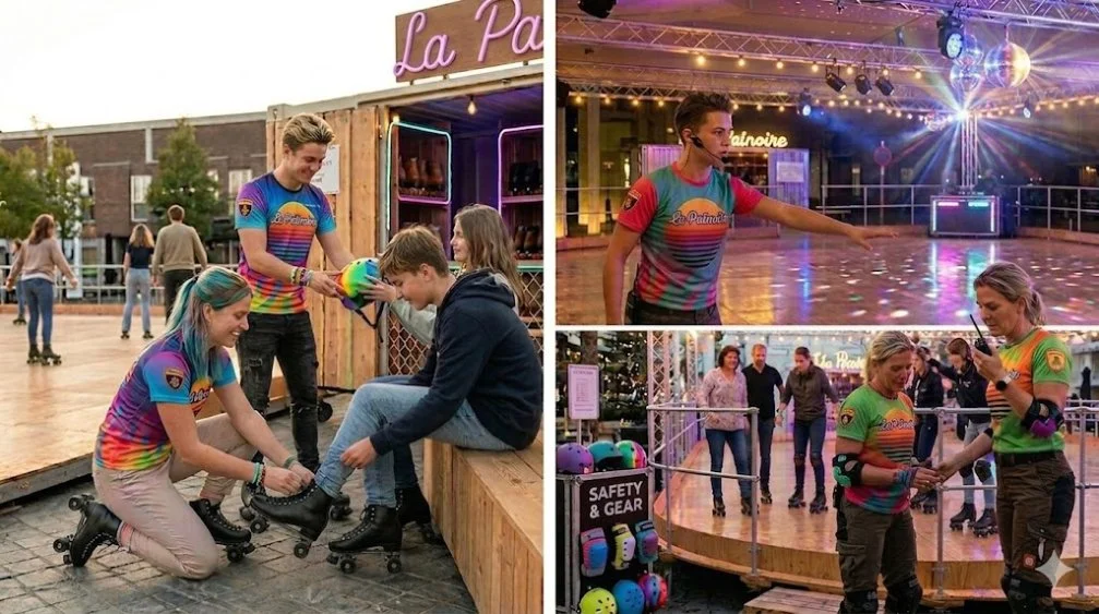 The image shows a roller skating rink with multiple scenes. In the left scene, a person is helping a young girl put on roller skates while another young boy is seated, getting his skates adjusted, and a teenage boy is handing a ball to the girl. In the top right scene, a person is ice skating or roller skating indoors with colorful lights and a disco ball overhead. In the bottom right scene, people, including two women in rainbow shirts and a security guard, are gathered near a safety and gear station at the skating rink, with a few people skating in the background.