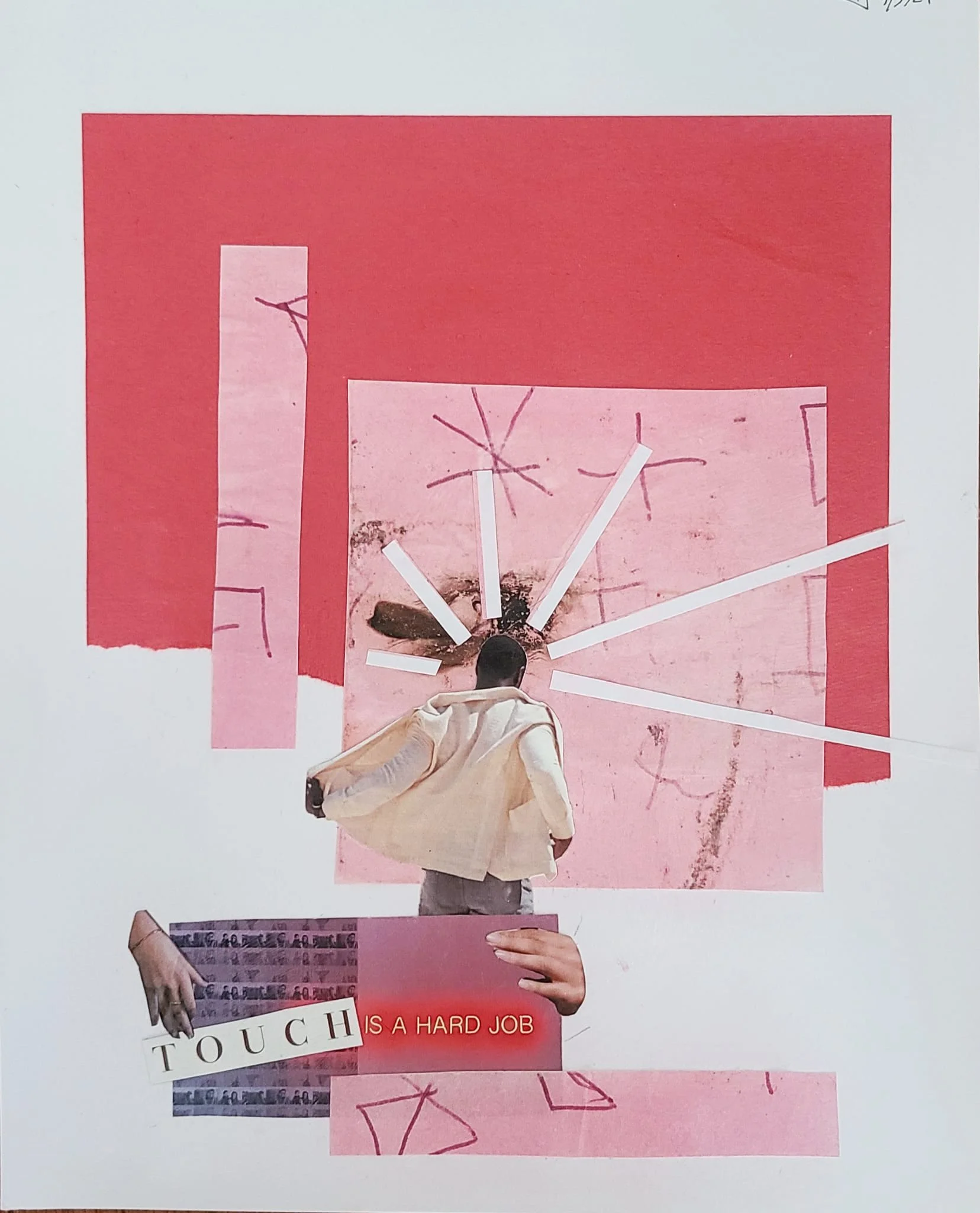 Collage of cut-out magazine images and text, including a man with his back to the camera, a pink rectangle with red childlike drawings, and overlapping text fragments.